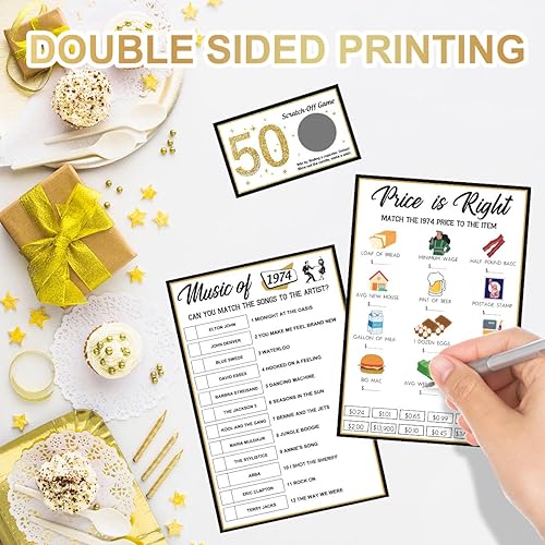 Miniatura 5 de Juegos de fiesta de cumpleaños número 50  Paquete de música en 1974  Juego de 4 juegos para 20 invitados  50 aniversario de boda  Suministros de