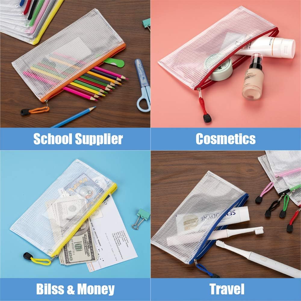 Sooez 24 Pack Mesh Zipper Pouch, Poly Zip Envelope with Label Pocket, Pencil Case Bulk, Pencil Bags Zipper Pencil Pouch, Reusable Envelopes, for Bills, Cash, Cosmetics, 9.1×4.7 Inches