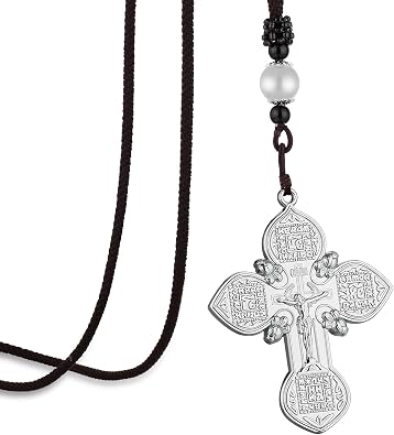 COTTVOTT Vintage Russian Orthodox Cross Pendant Necklace Mens Prayer Crucifix Jesus Braided Rope Chain