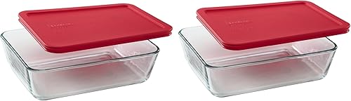 Pyrex 6 tazas 7211 contenedores rectangulares de vidrio para almacenamiento de alimentos con tapas de plástico rojo 2 unidades