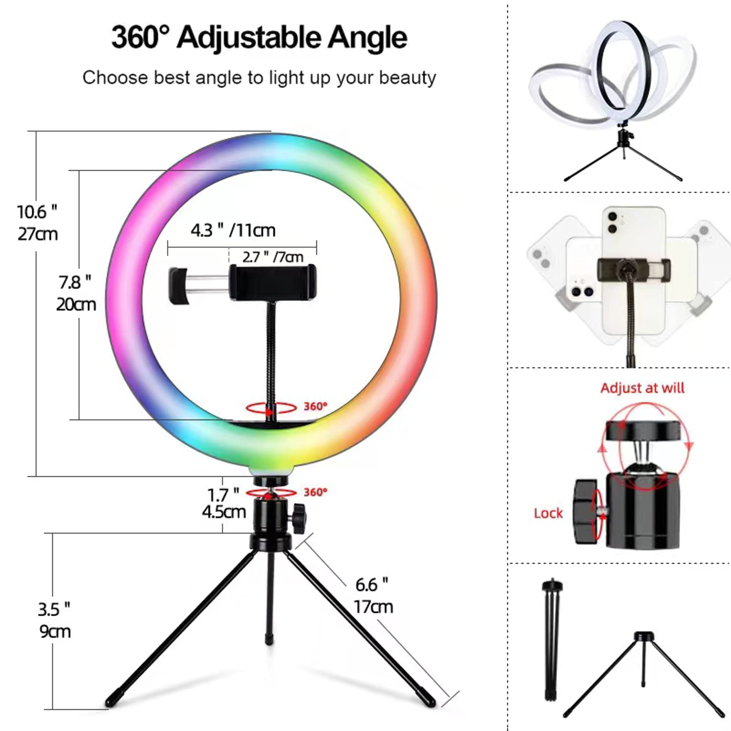 Anneau Lumineux LED,10 Pouces à intensité variable avec trépied et support pour téléphone portable, 8 couleurs / 10 niveaux de luminosité,pour selfie, maquillage, Tik Tok, Live Streaming