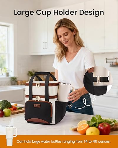 Miniatura 2 de LOVEVOOK Bolsa de almuerzo aislada para mujeres y hombres, lonchera expandible de doble cubierta con soporte para tazas grande, bolsa enfriadora a
