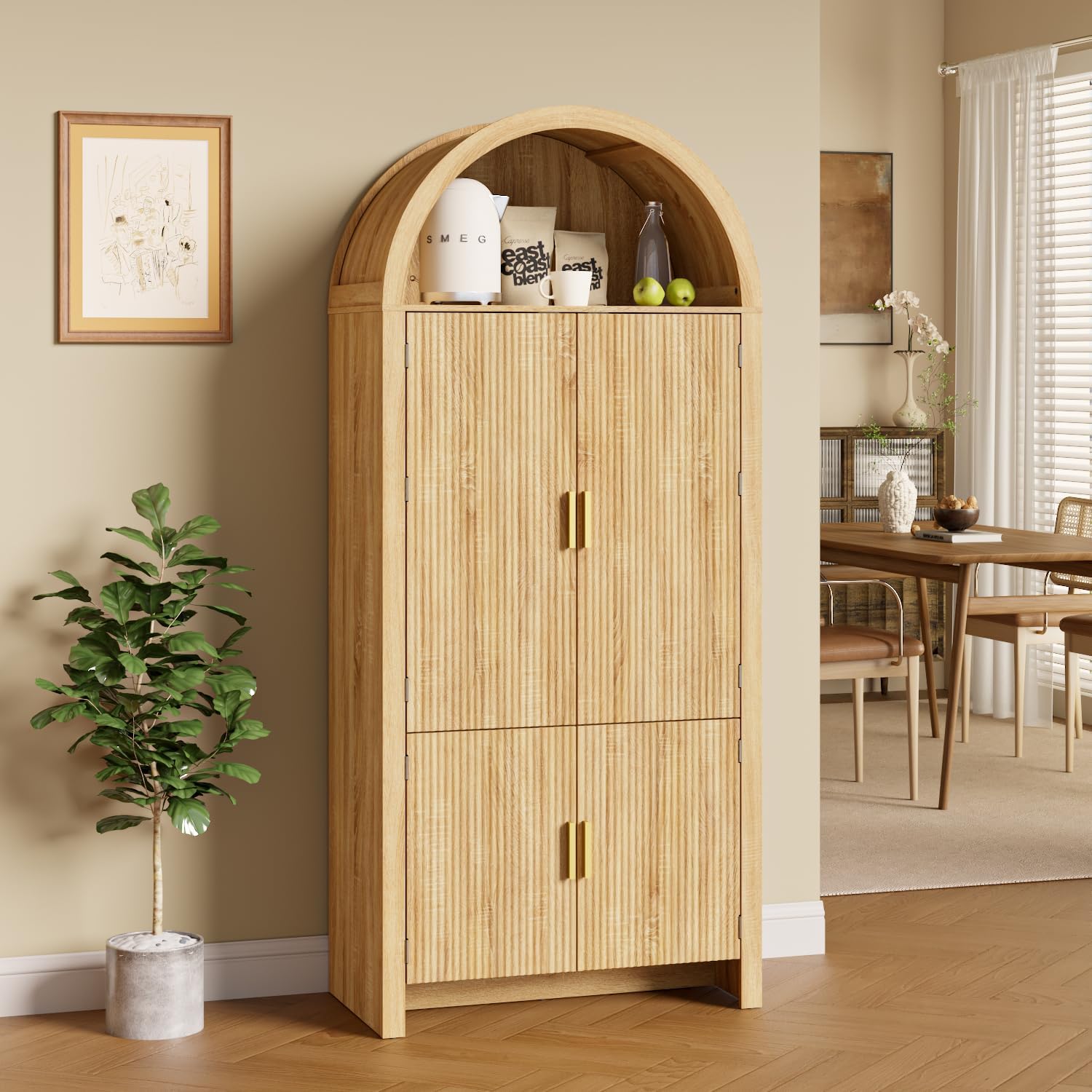 - TAVATA 71" Tall Arched Kitchen Pantry Cabinet, Fluted Kitchen Storage Cabinets with Doors and 5 Adjustable Shelves, Modern Freestanding Cupboard for Dining Room, Living Room, Bathroom, Natural Wood