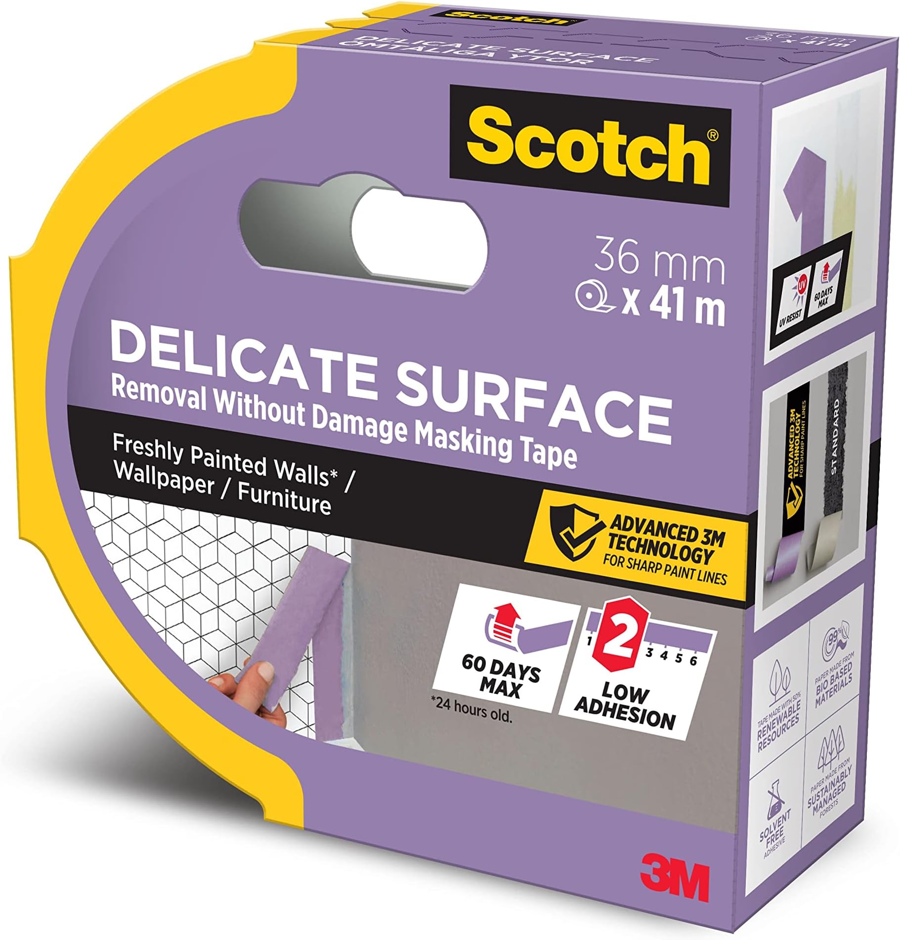 Scotch Delicate Surface Advanced Masking Tape, 36 mm x 41 m, Super-sharp Paint Lines, For Delicate Painting and Decorating Indoor, Painters Tape For Wallpaper and Furniture
