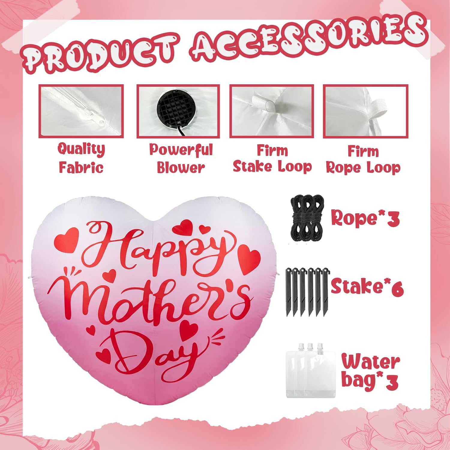 6.5FT Inflatable Happy Mother's Day Decorations, Father's Day Inflatable Double Side Decorations, Gaint Hearts Built-in LED Lighted Blow Up Decoration Home Yard Outdoor Indoor Decor