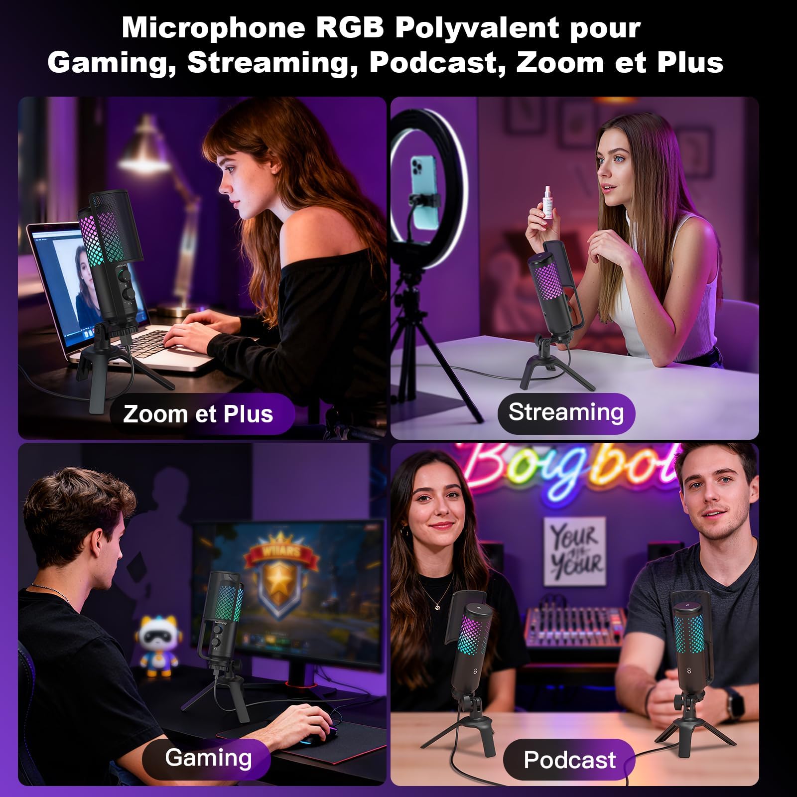 zealsound Micro Gaming PC, 96 kHz Métal USB Microphone à condensateur RGB pour Podcast, Streaming, Enregistrements et Voiceover, Discord, avec Muet et Gain – Plug & Play pour PC Smartphone et PS4/5