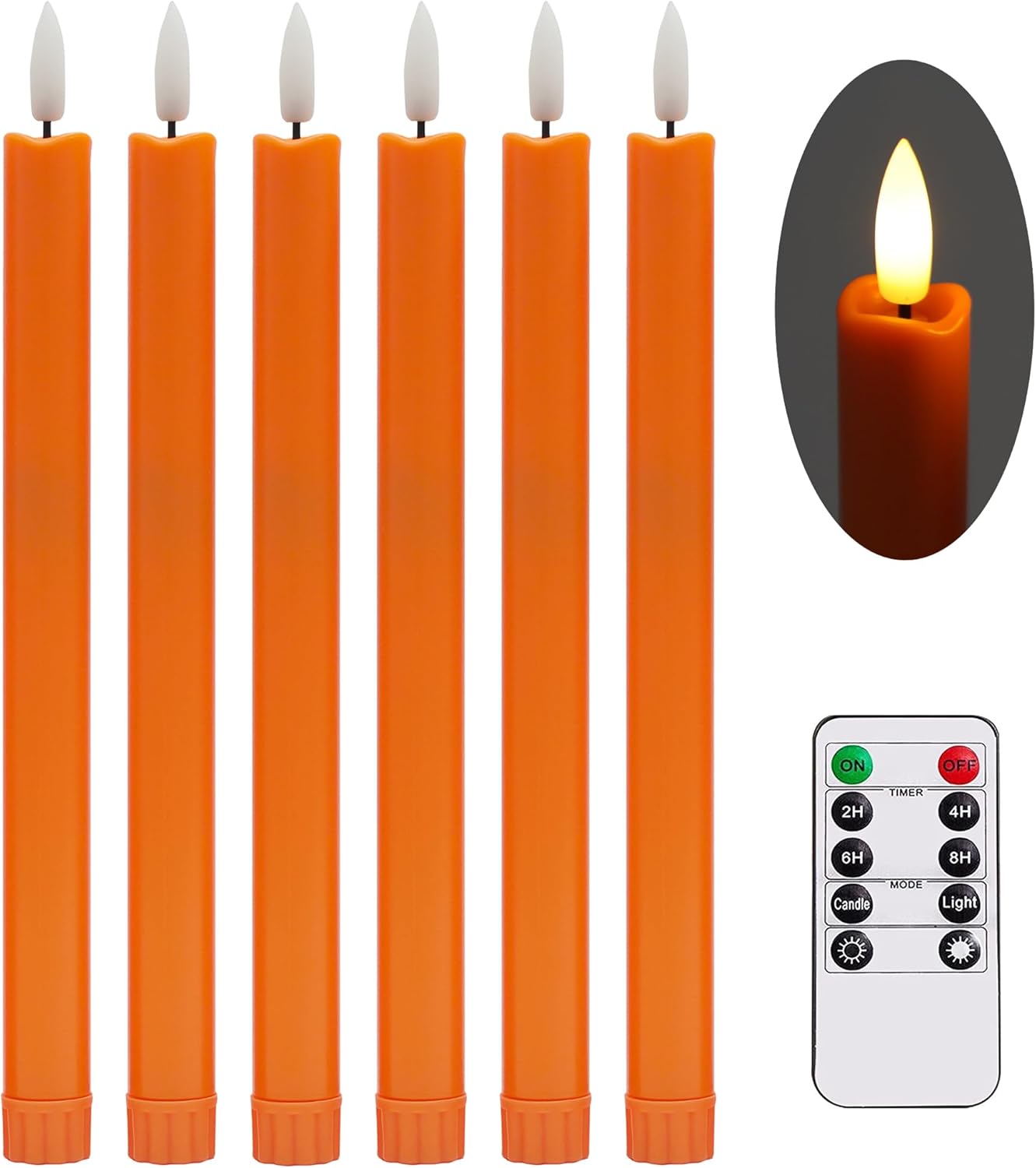 Stmarry Flameless Orange Taper Candles with Remote - 10 Inch LED Candlesticks Flickering, Realistic 3D Flame with Wick, Warm White Light, Thanksgiving Fall Autumn Decor for Home, Timer - Set of 6