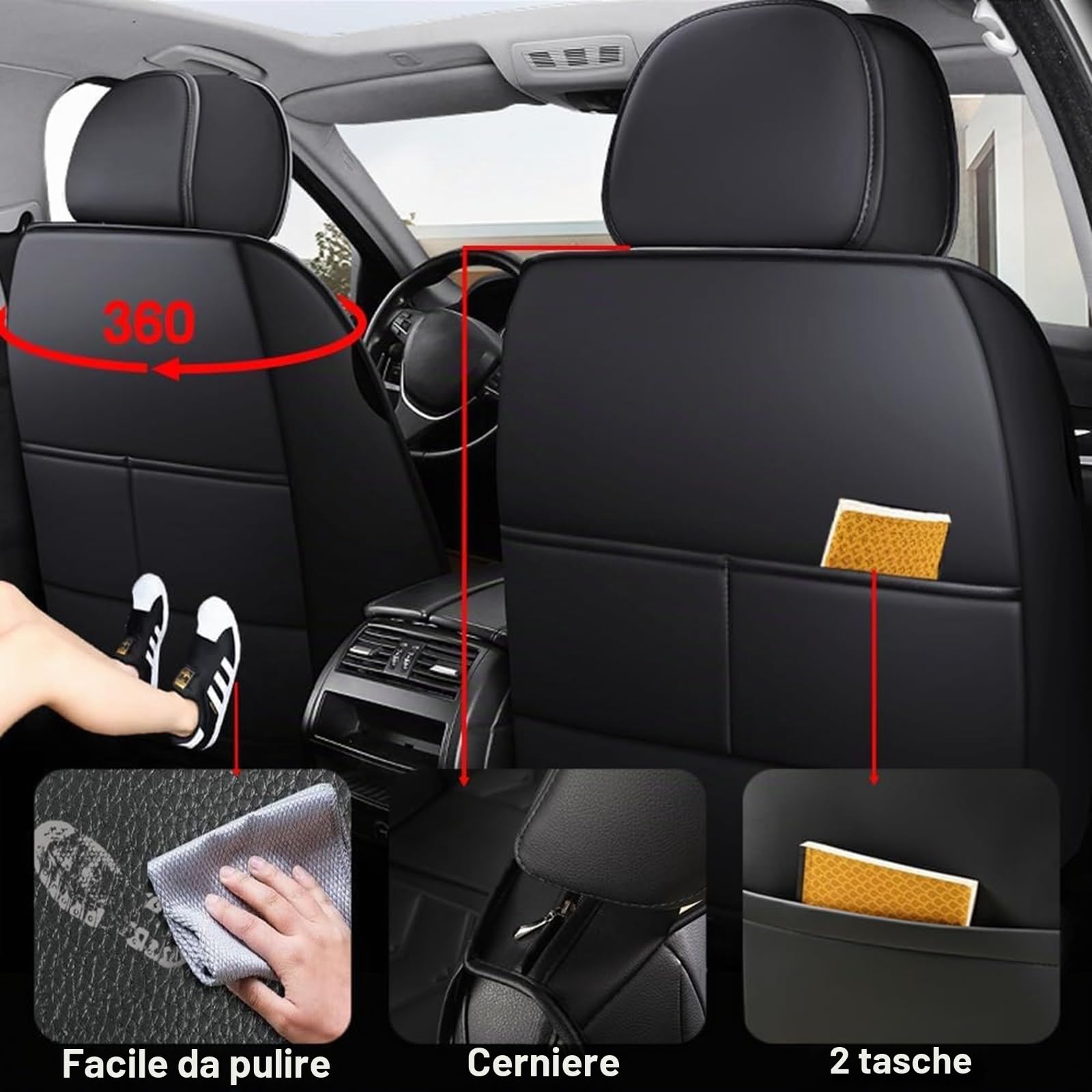 Coprisedili impermeabili in pelle PU, adatti per sedili anteriori Volkswagen, set da 2 pezzi (nero)