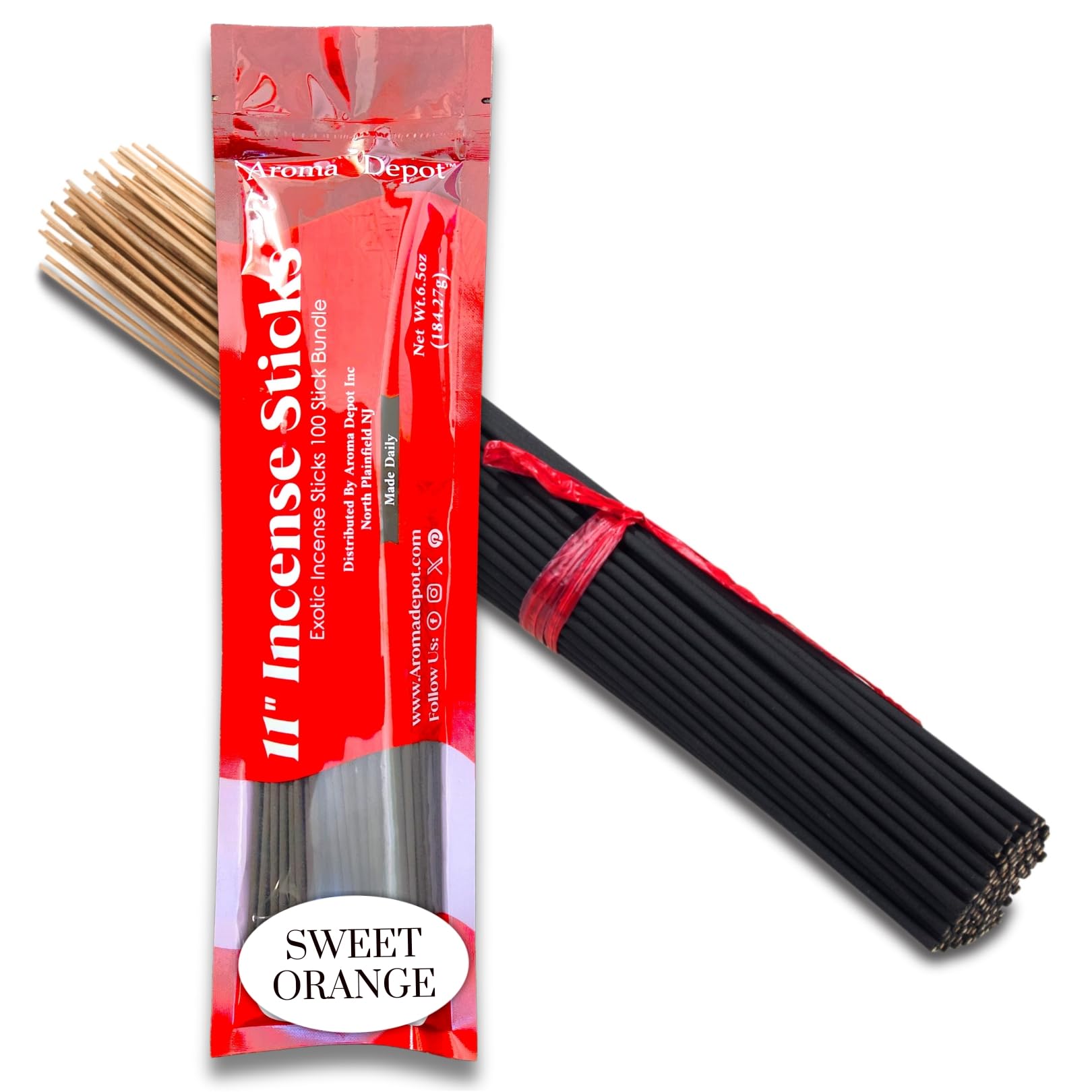 Aroma Depot Sweet Orange Exotic 11'' Incense Sticks. Approx. 85 to 100 Sticks Per Bundle, Each Natural Stick Burns for 45 mins to 1 Hour Each. Long Lasting. Guarantee 100% Pure