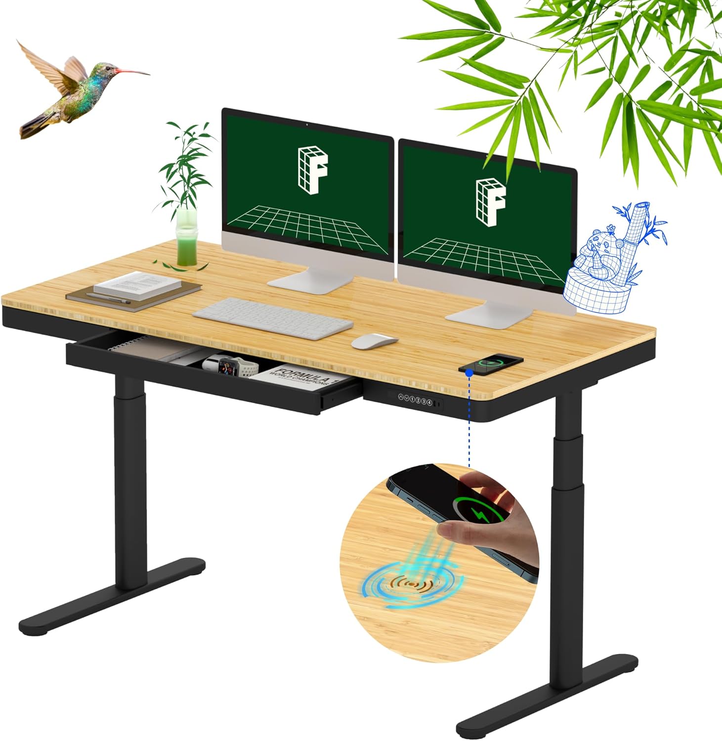 FLEXISPOT Q8 55 inch Bamboo Standing Desk with dual monitors, wireless charging, and drawer
