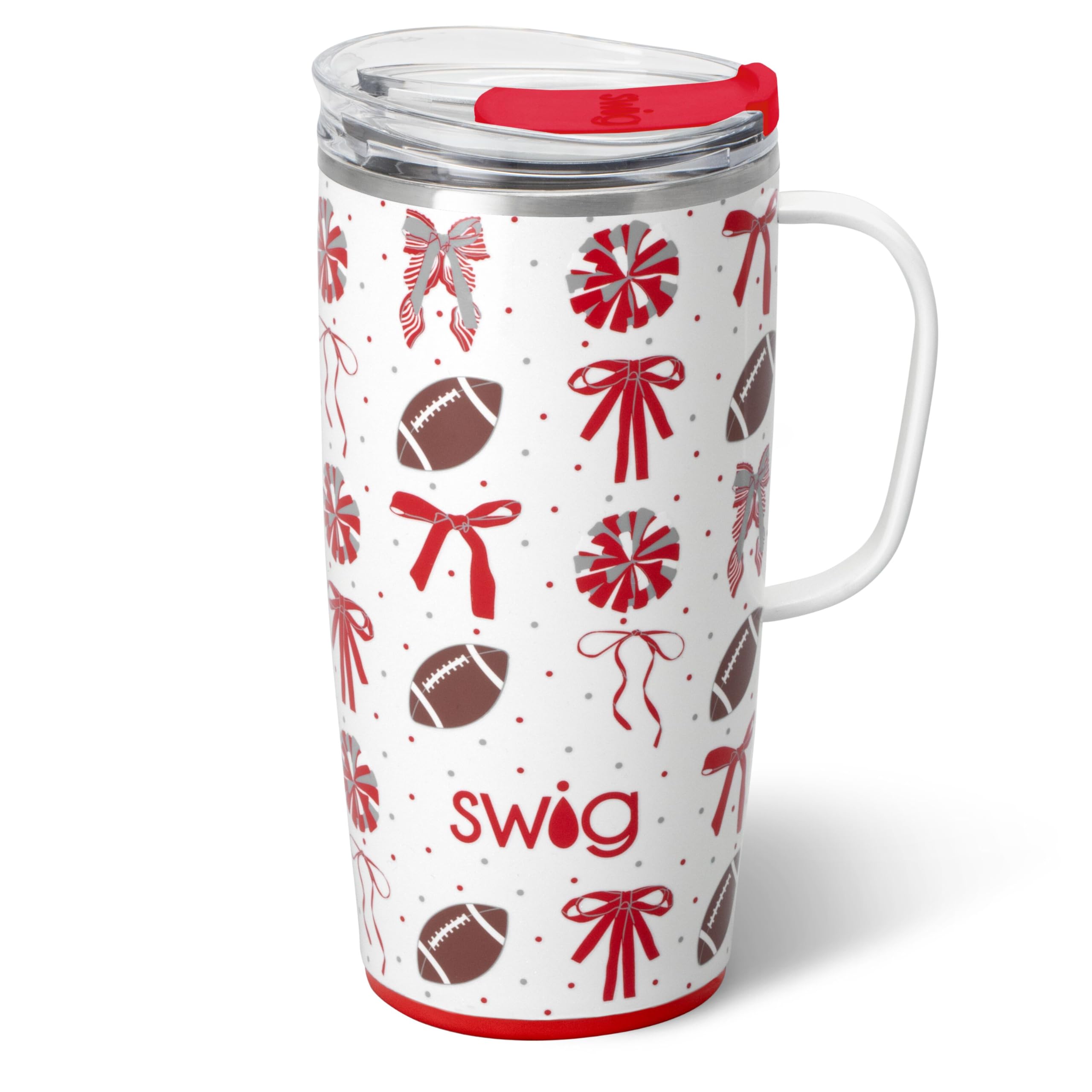 Swig Life Reisebecher, isolierter Becher mit Griff und Deckel, Reise-Kaffeetasse, Becherhalter, Edelstahl, 625 ml, wiederverwendbar, isoliert mit Deckel (We've Got Spirit, Rot + Grau)