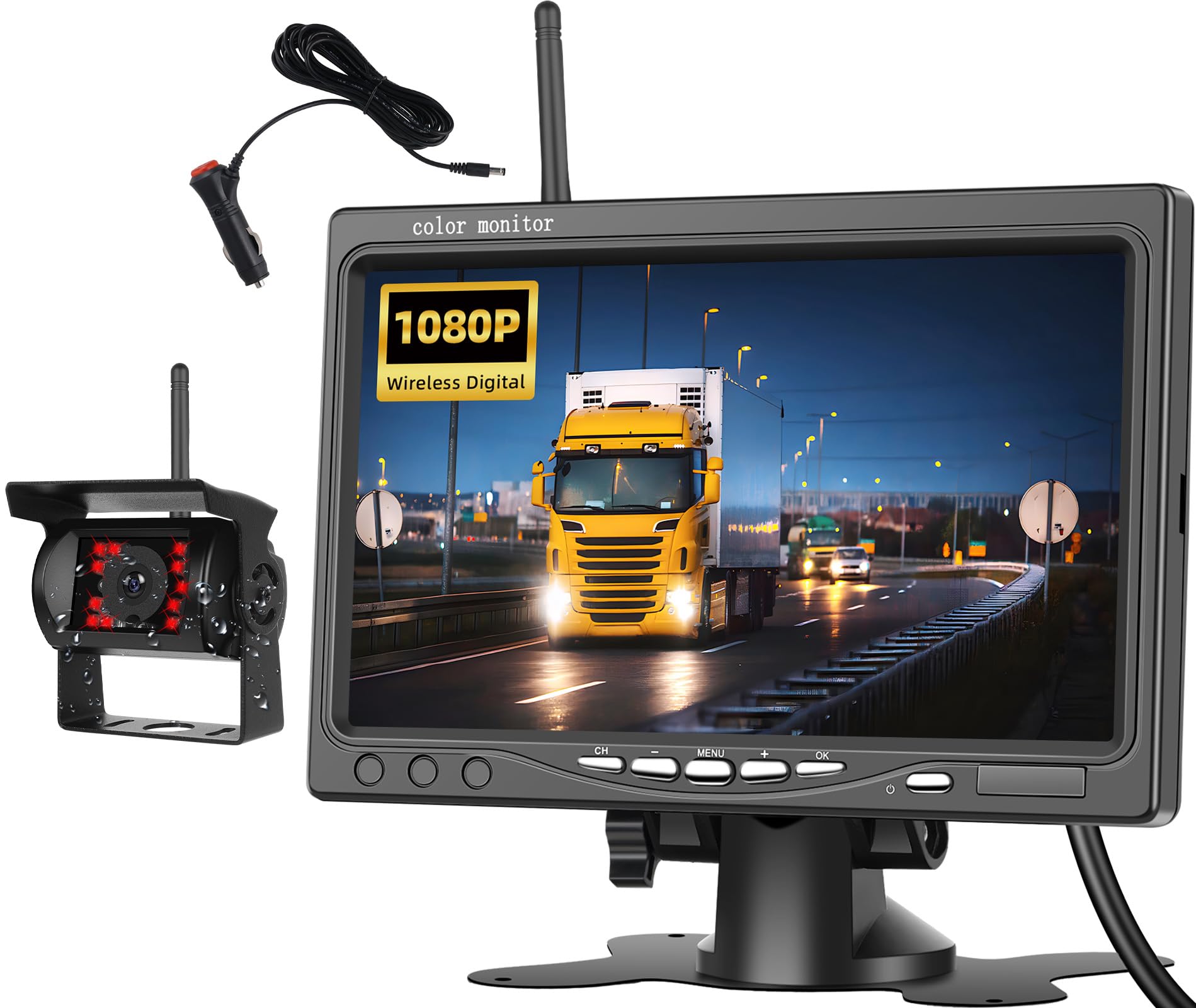 OiLiehu Digital Inalámbrica Cámara Visión Trasera, 1080P AHD Cámara Visión Trasera con Advertencia Punto Ciego,Cámara Visión Nocturna por Infrarrojos IP68,Cámara Marcha Atrás Inalámbrica con 7"monitor