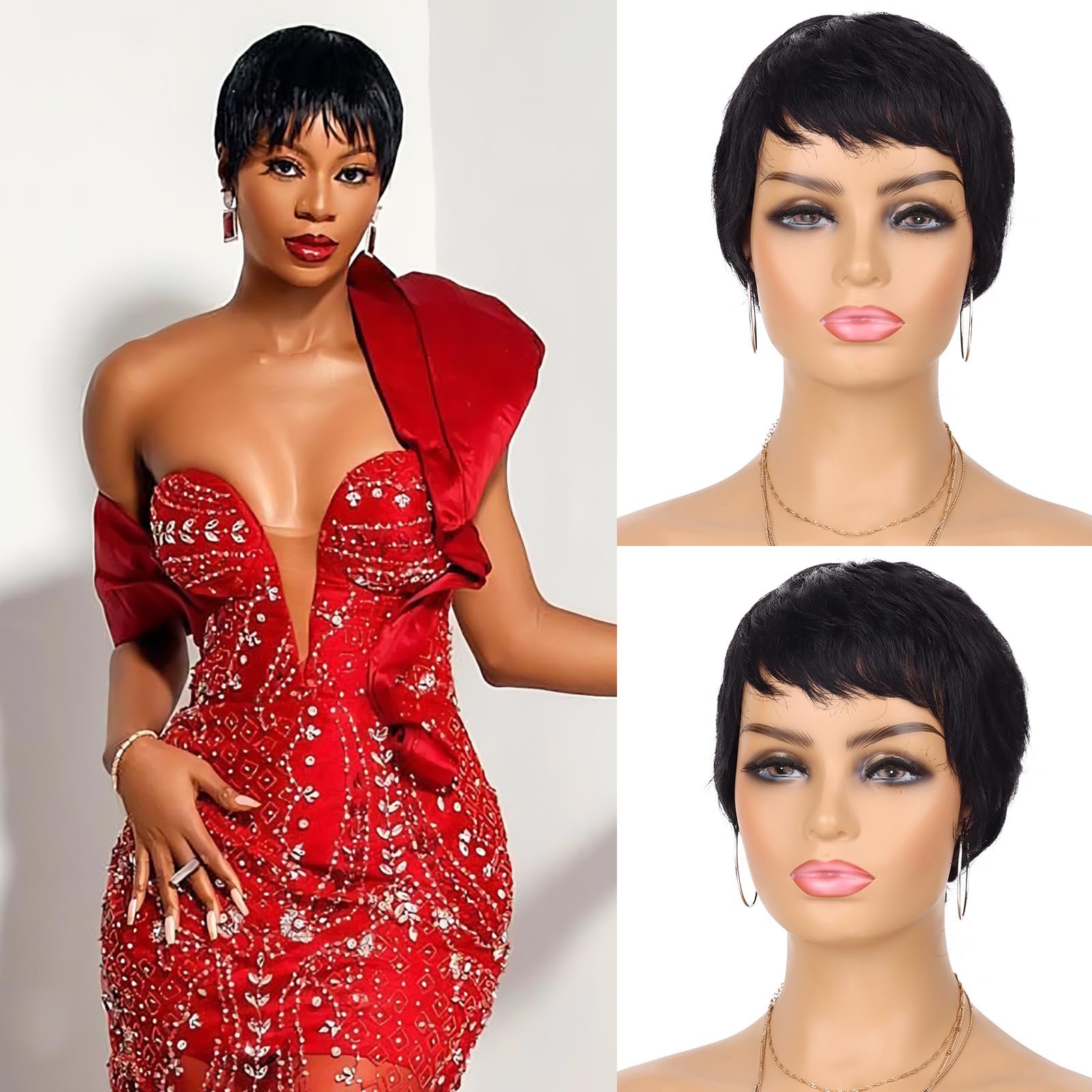 Glueless Wear and Go Wig Pixie Cut Human Hair Wigs for Black Women None Lace Front Wig Short Pixie Cut Layered Wigs with Bangs for Daily Wear (Black), 1.0 count