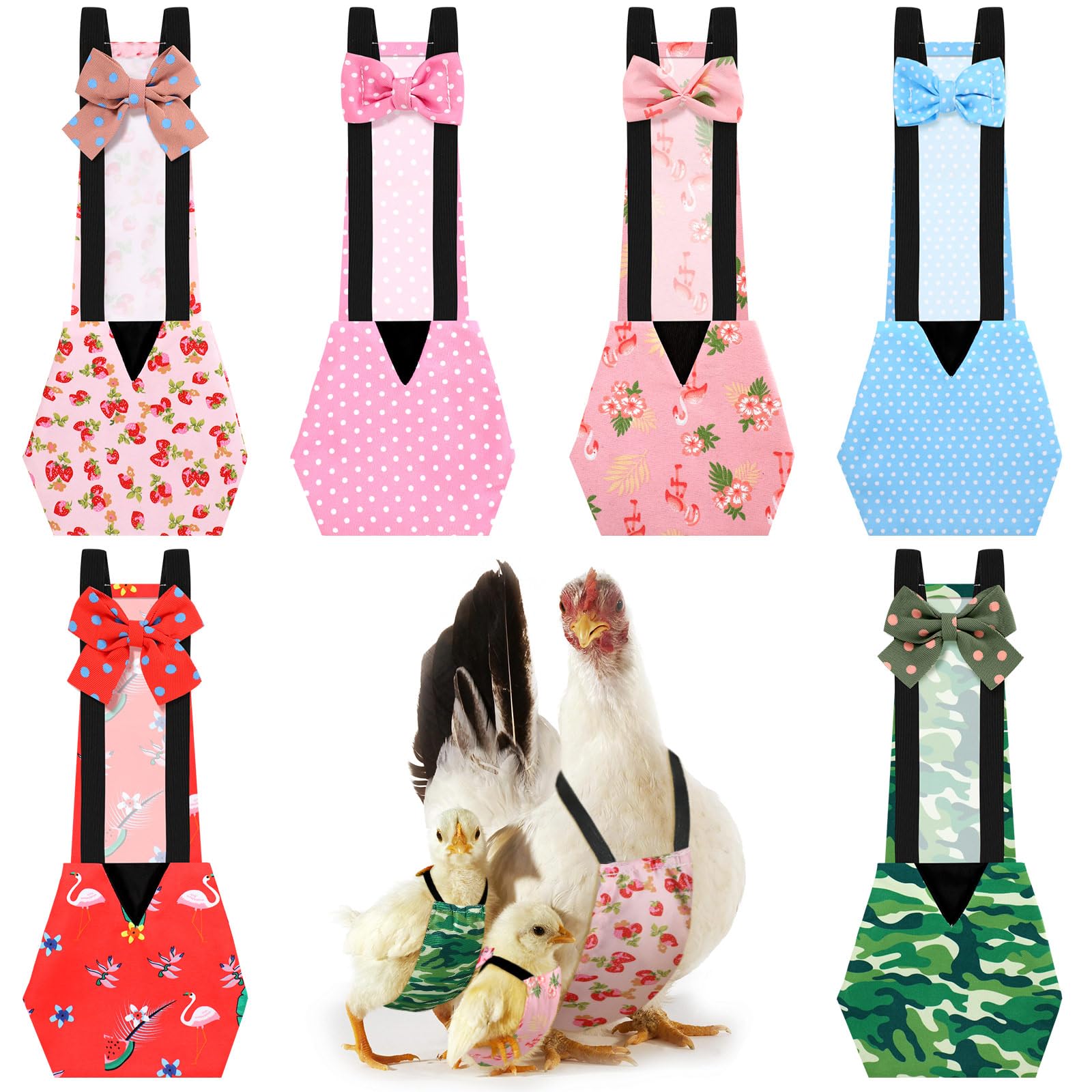 6 Pcs Chicken Diapers for Hens Rooster Ducks Reusable Washable Duck Diapers with Bow Tie for Ducklings Hens Goose Poultry Adjustable Clothes for Hen Rooster Chicken(Cute,S)