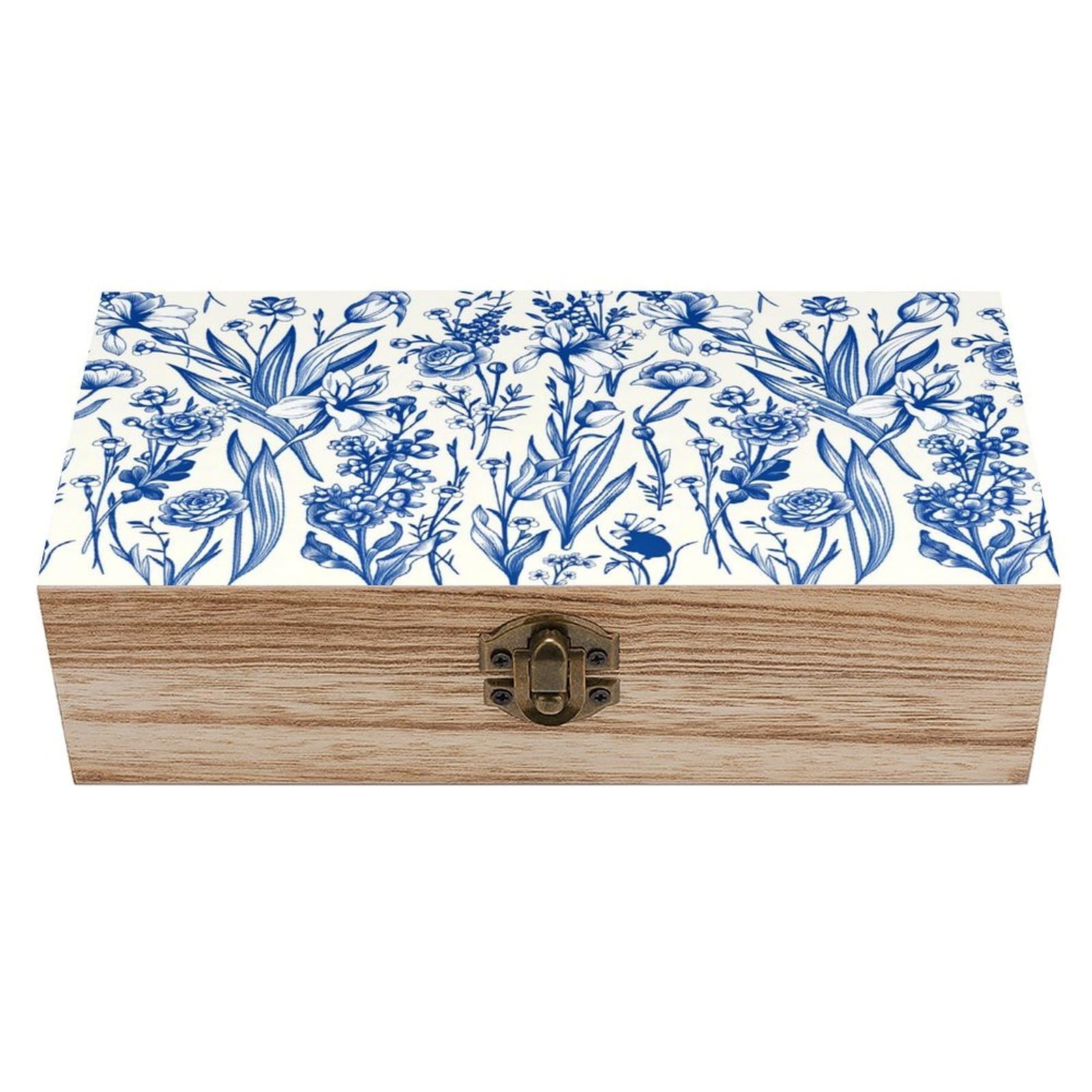 asbwuo Blue Beautiful Flowers Vintage Wooden Keepsake Box