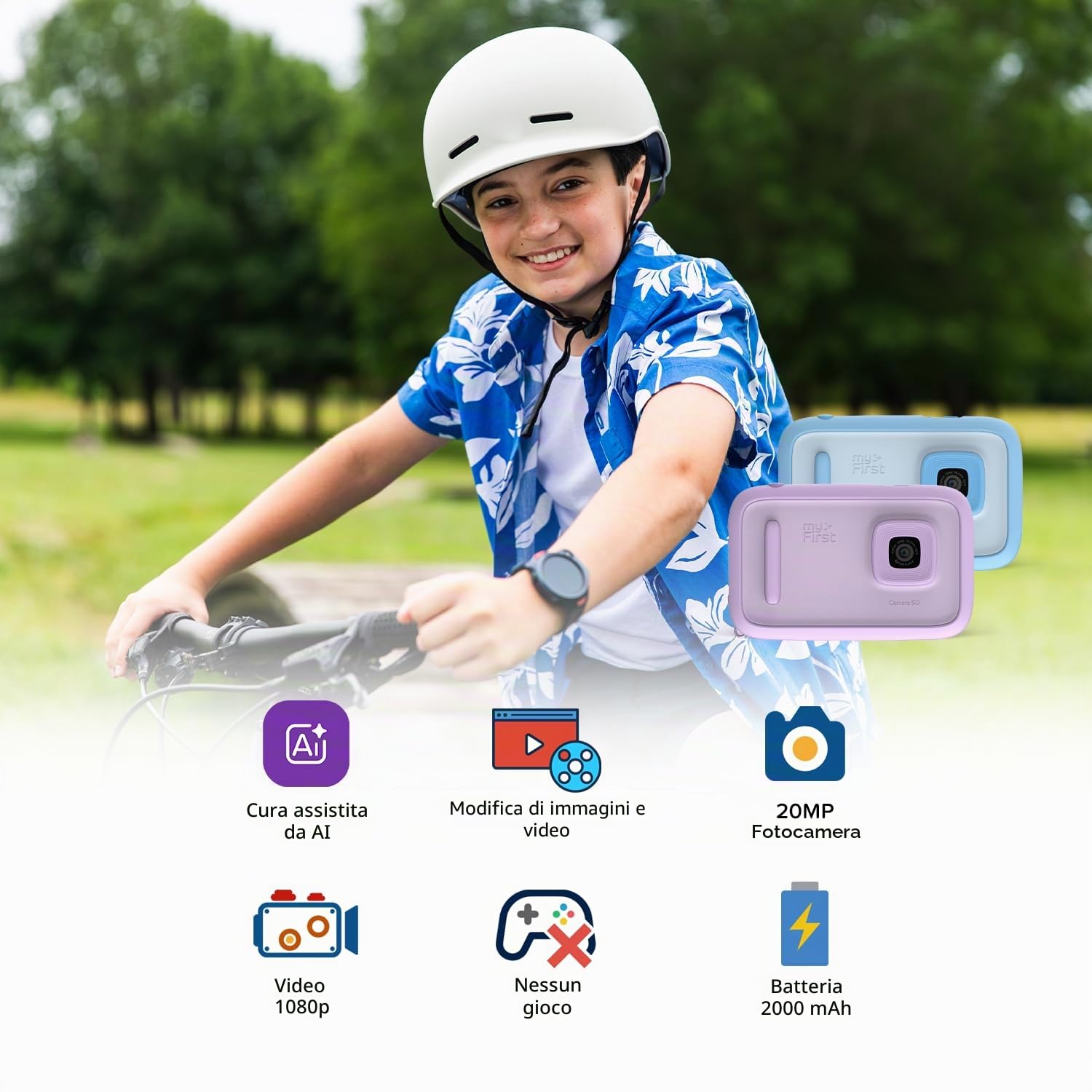 myFirst Camera 50, Fotocamera Digitale per Bambini con AI, Selfie Light Bar, Video & Foto Editing, WiFi, Diario Segreto, Controllo Genitori, Sicurezza e Privacy, Lilla