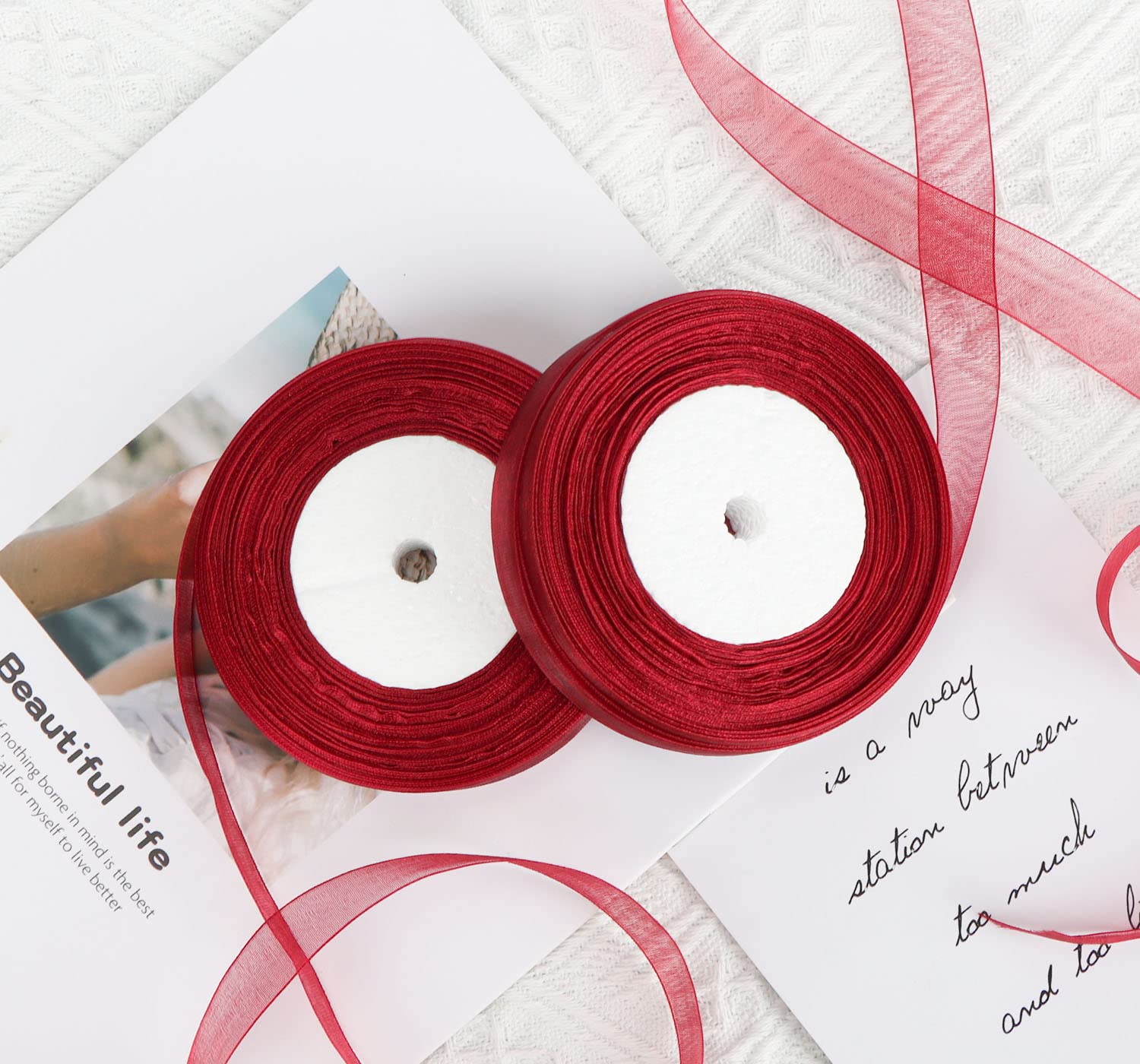 OWill 2 Rollen Geschenkband Weihnachten,20mm x 90m,Satinband rot,schleifenband Weihnachten,Transparente chiffonbänder weihnachtsbänder für geschenkverpackungen,Weihnachtsbaum,Schleifen