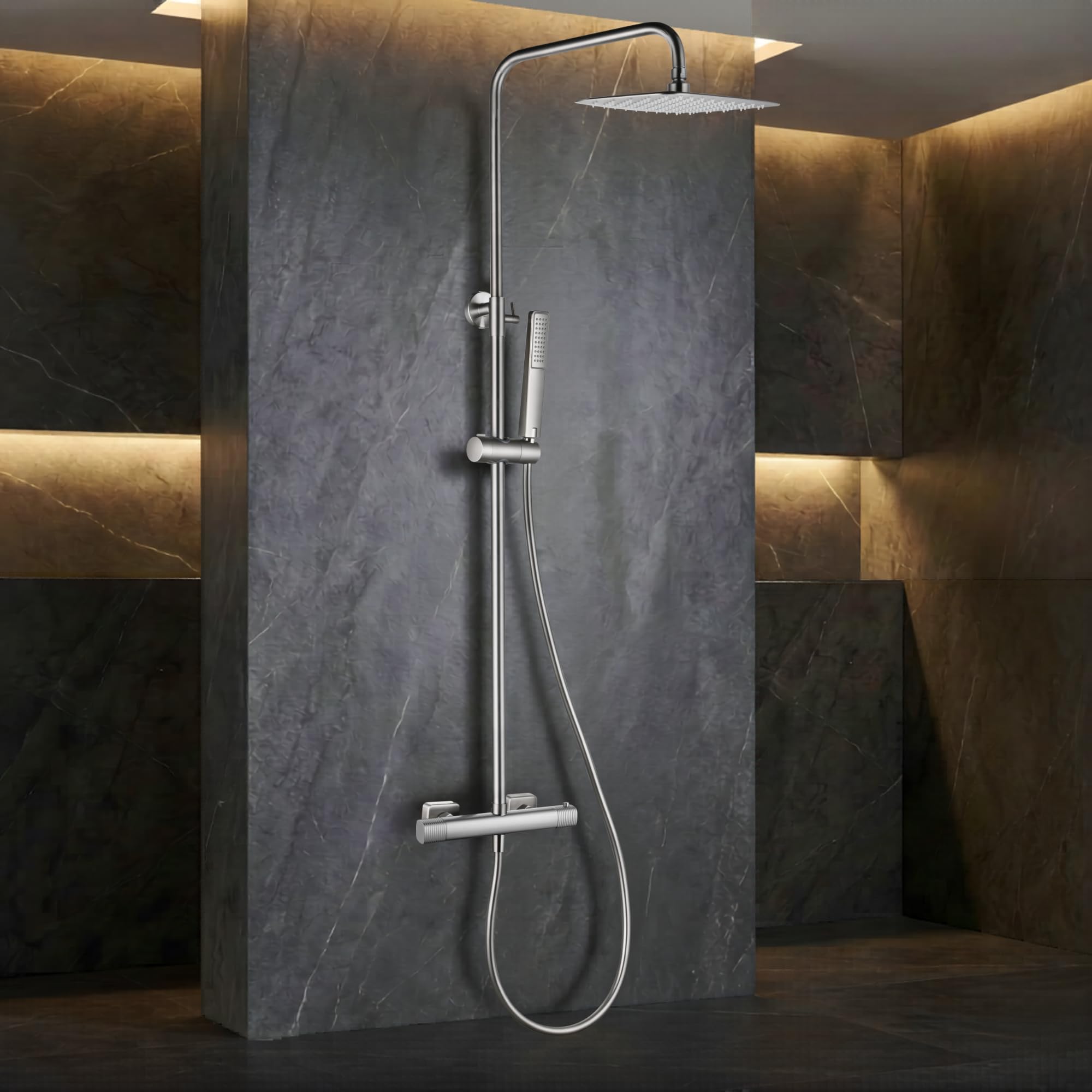 IMEX - Columna Ducha Termostatica Níquel con Grifo | Conjunto de Ducha con Alcachofa y Rociador Antical Efecto Lluvia | Griferia en Latón y Acero Inox S.304 con Barra Extensible | Serie Firenze