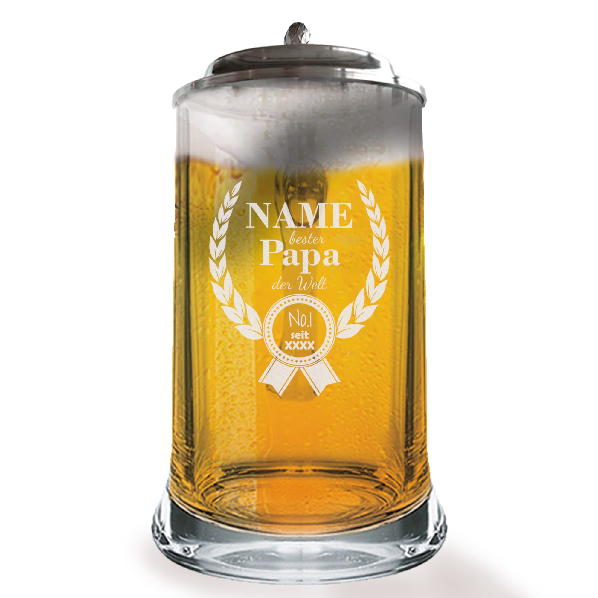 Chope à bière avec couvercle en étain et gravure – Cadeau d'anniversaire pour la fête des pères Motif 14