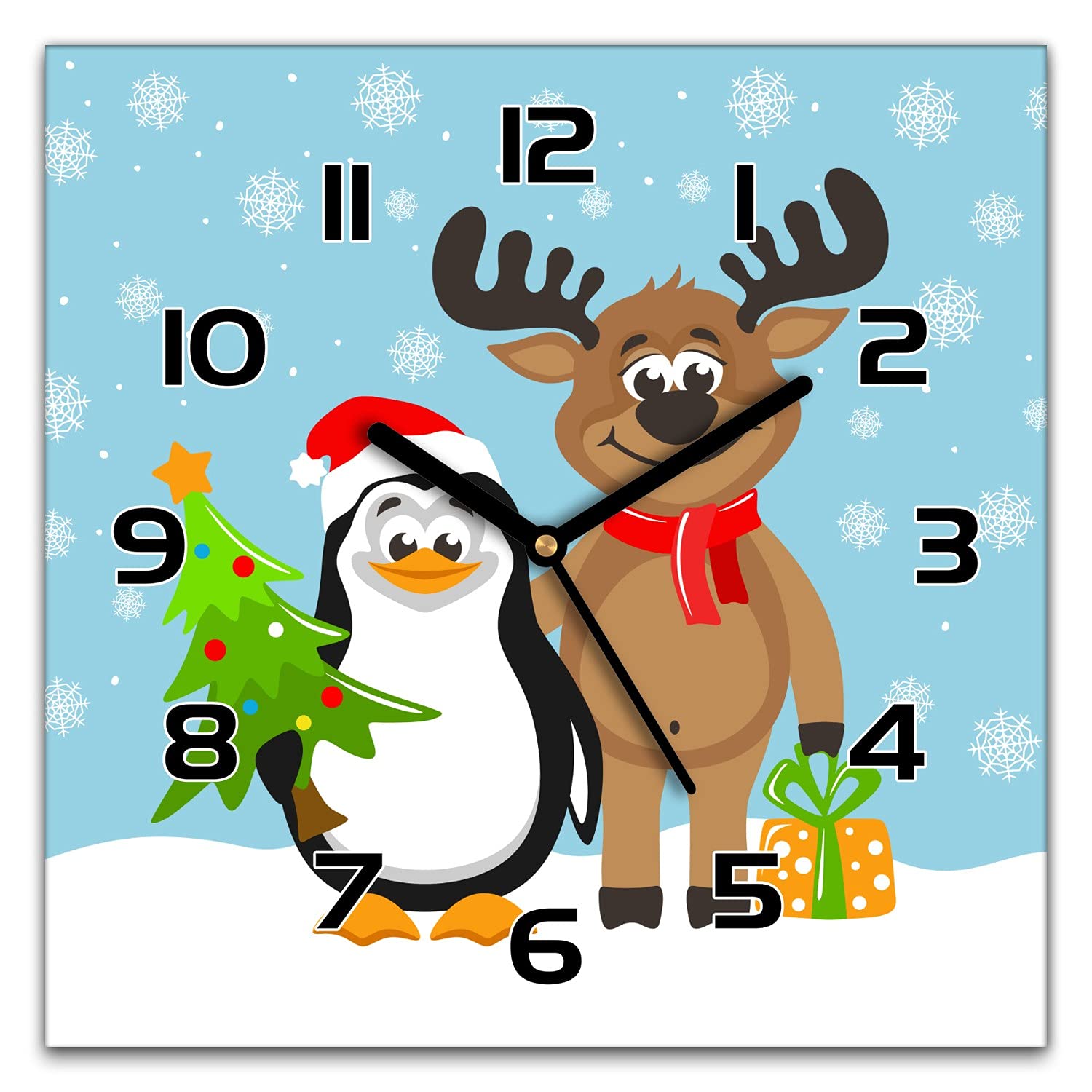 Cadeaux de renne de pingouin de Noël horloge murale en verre pour décoration festive originale