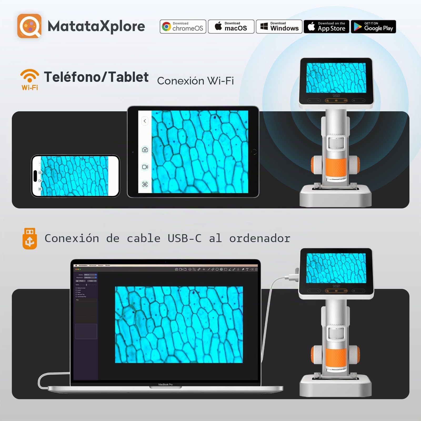 4.3" Microscopio Portátil para Niños, MatataStudio MX2-AS 2-en-1 Microscopio Digital de Mano para Niños 1600x Mini Microscopios de Bolsillo Infantil Microscopios USB WiFi con Video Foto Luces LED