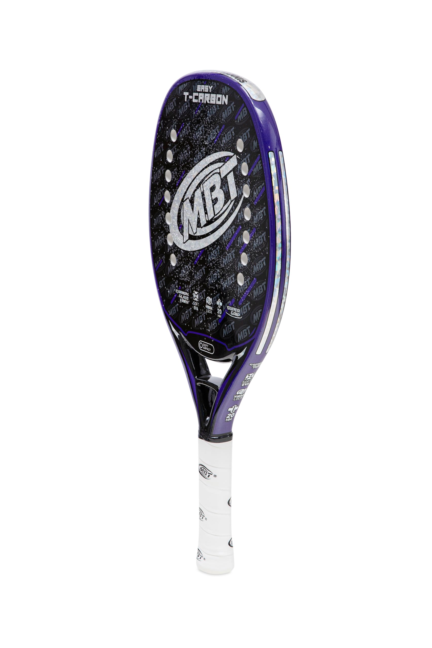MBT EASY T-CARBON, Racchetta Beach Tennis Carbonio e Fibra di Vetro - Superficie ruvida con Super Grip - Eva Soft – Leggera e Bilanciata – Profilo 20 mm - Custodia inclusa