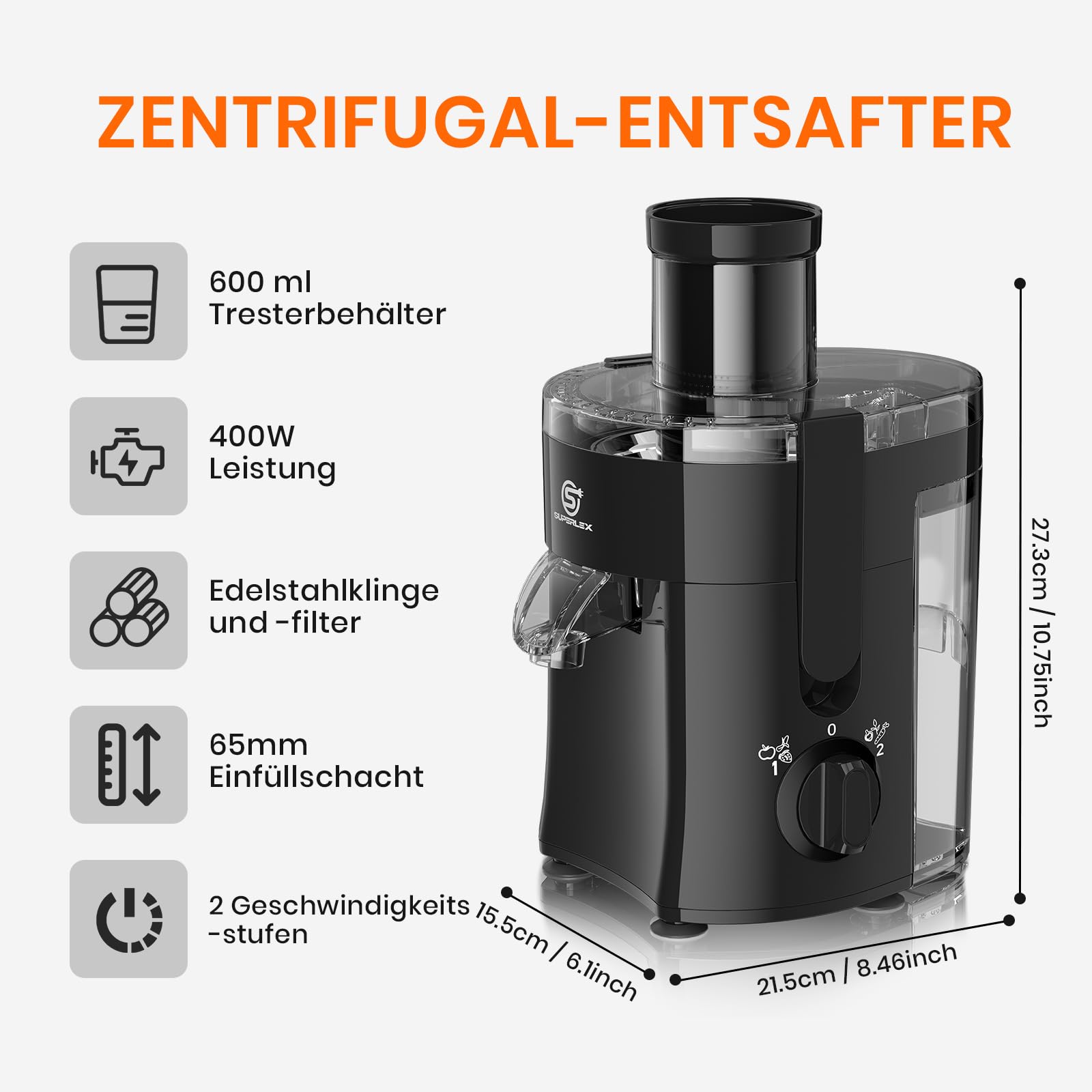 Elektryczna sokowirówka 400 W, sokowirówka odśrodkowa, z otworem do napełniania 65 mm i pojemnikiem o pojemności 600 ml, łatwa do czyszczenia, kompaktowa do owoców, warzyw, jabłek, cytryn