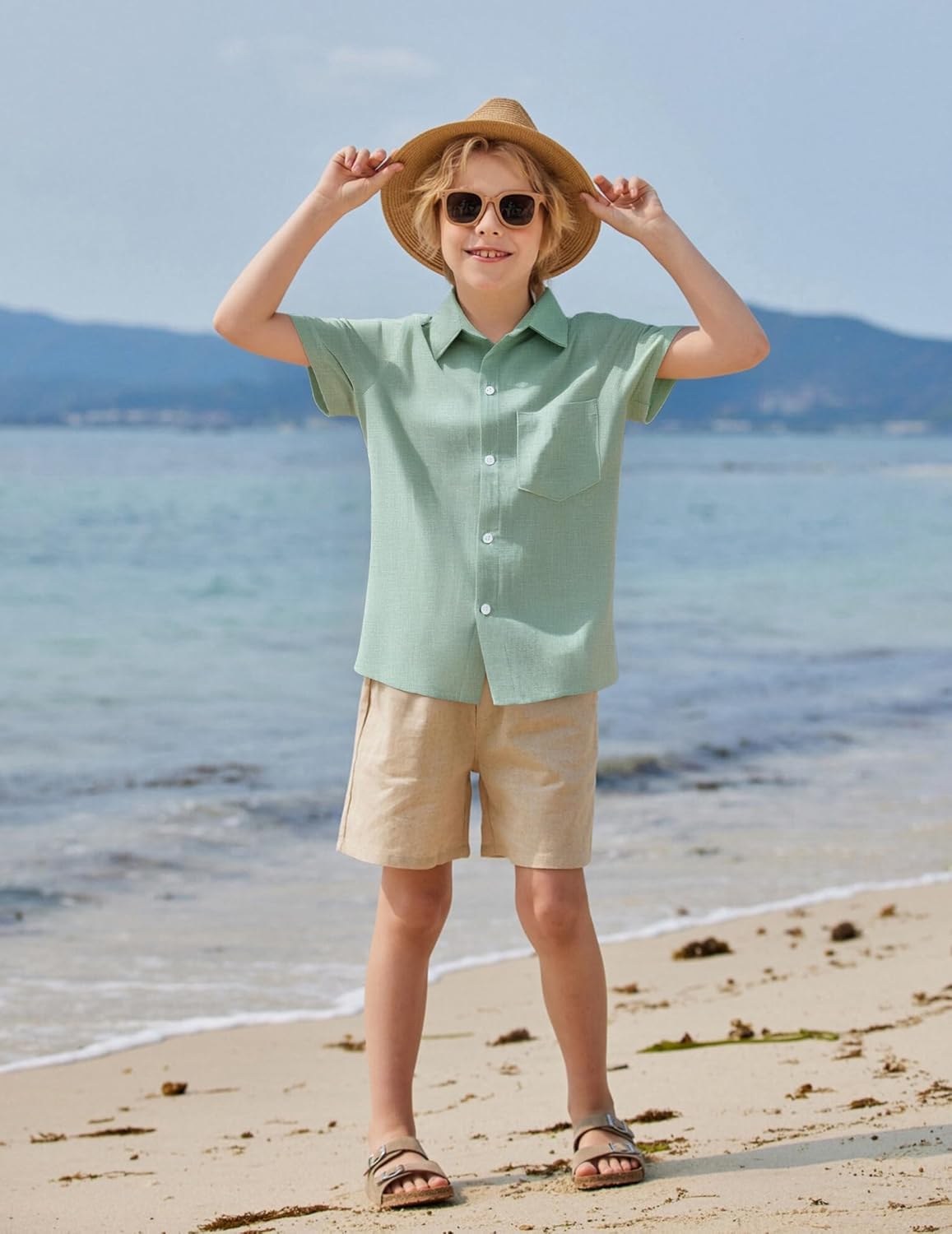 Arshiner Boys Button Down Shirt 100% Cotton Short Sleeve Shirt Solid Summer Beach Shirts with Pocket Size 4-14 Years - Image 5