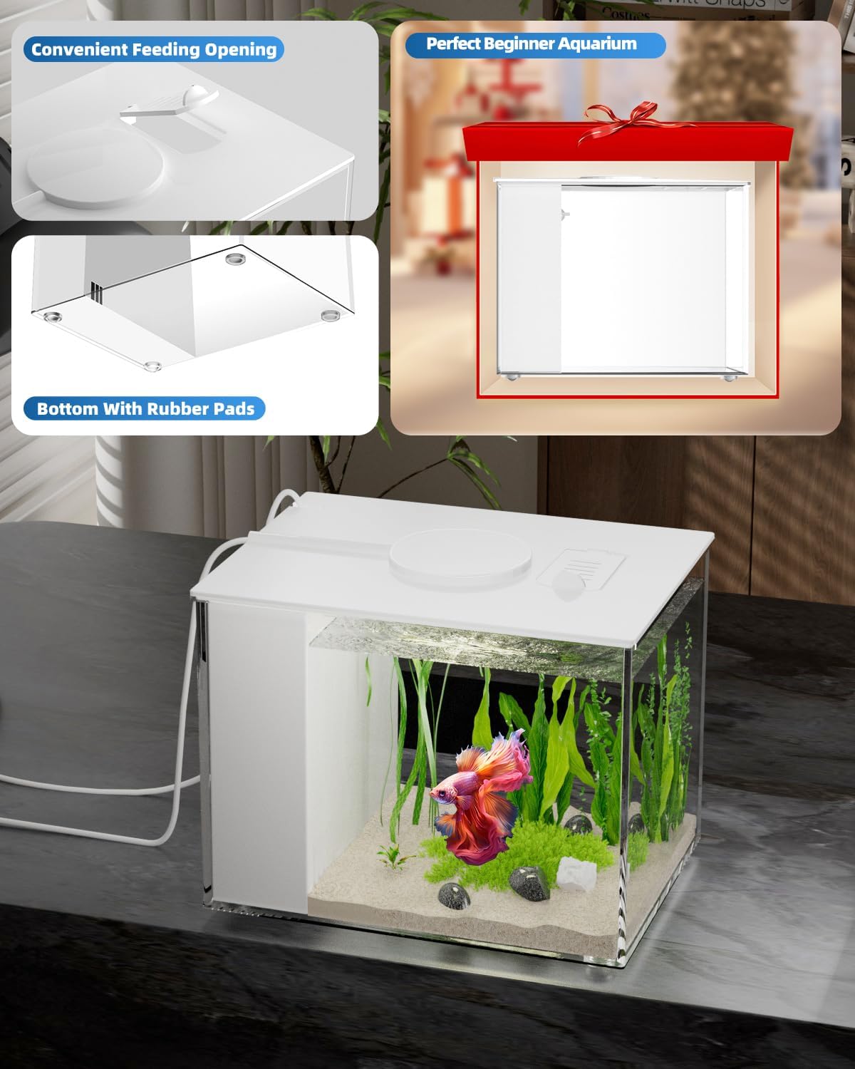 3.7L (1 Gal) Betta Fish Aquarium, Acrylic Small Fish Tank Kit with Water Filter Pump & LED Light, Ideal for Small Fish, Plants and Shrimp, White