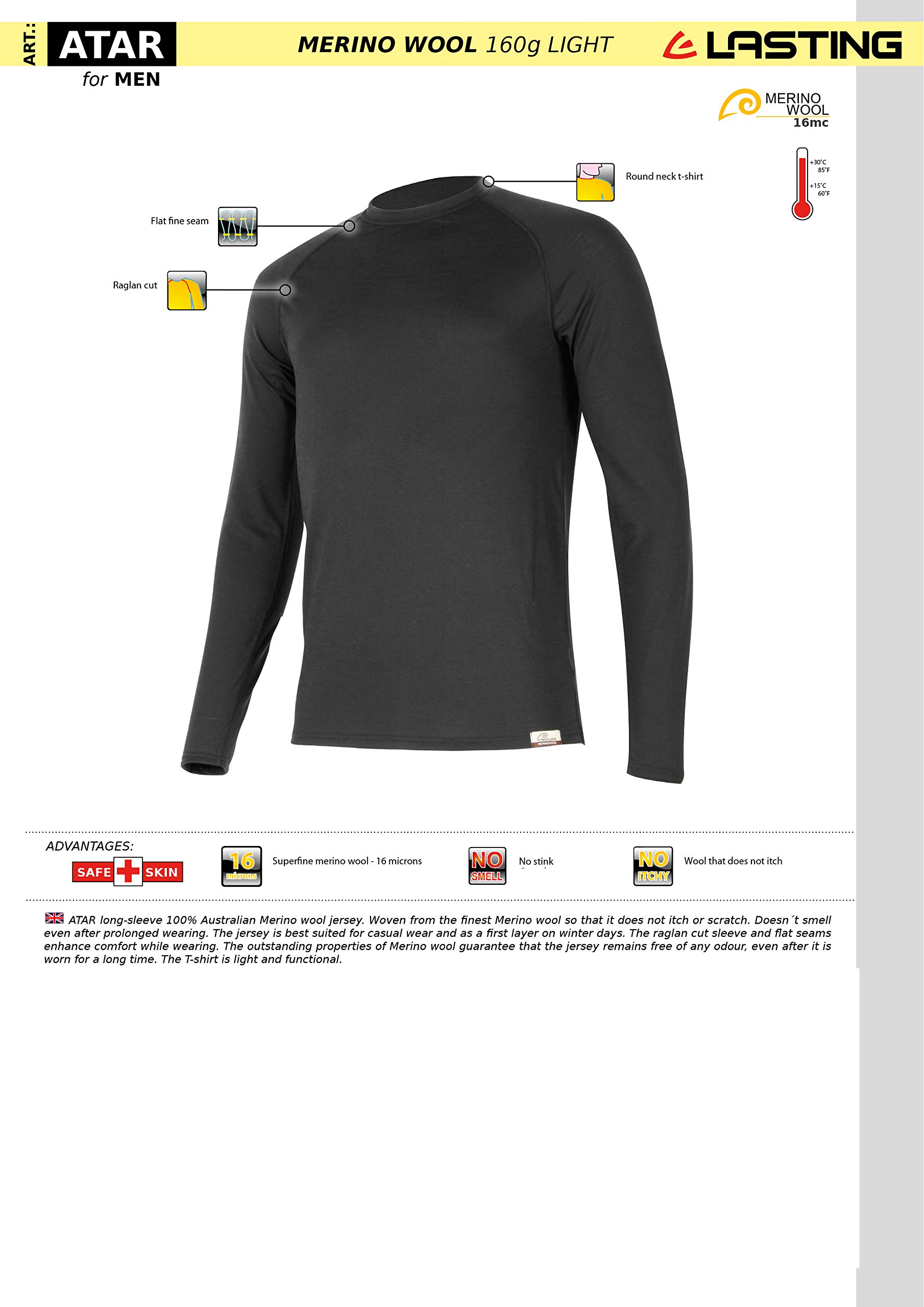 Lasting 160g Merino Wool Light ATAR ATAR Chiaro in Lana Merino da 160 g Uomo