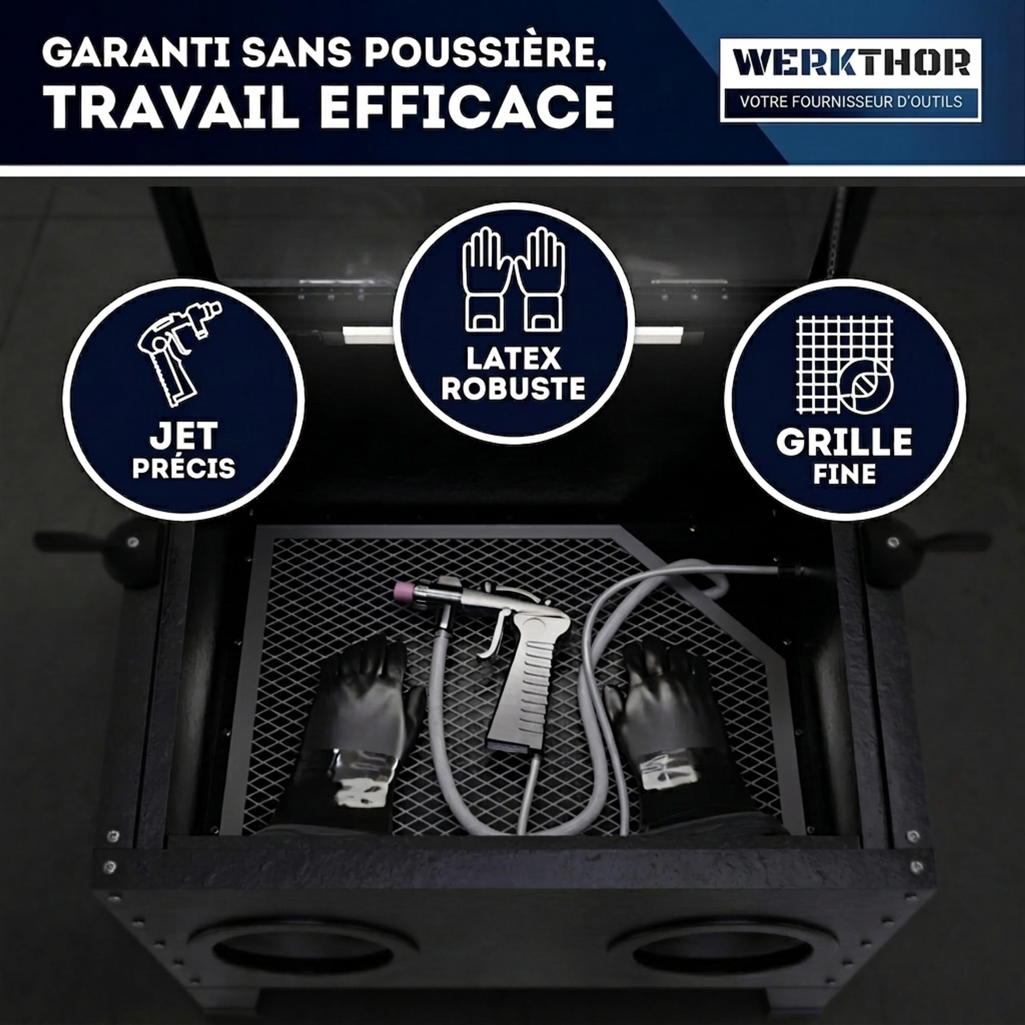Werkthor Cabine de sablage 90 l – Sableuse pour bois et métal avec pistolet de pulvérisation et 4 buses en céramique – Sableuse pour le traitement – 25 gallons