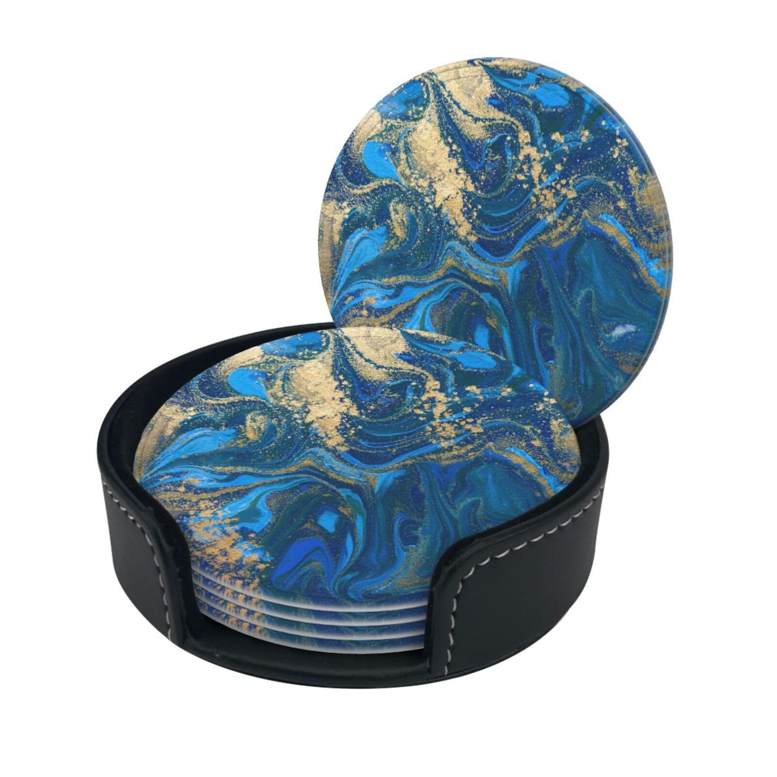 Wquvmds White Abstract Marble Stone Print Coasters For Drinks With Holder Set Of 6, Pu Leather Coasters Drink Coasters Cup Pad Mats