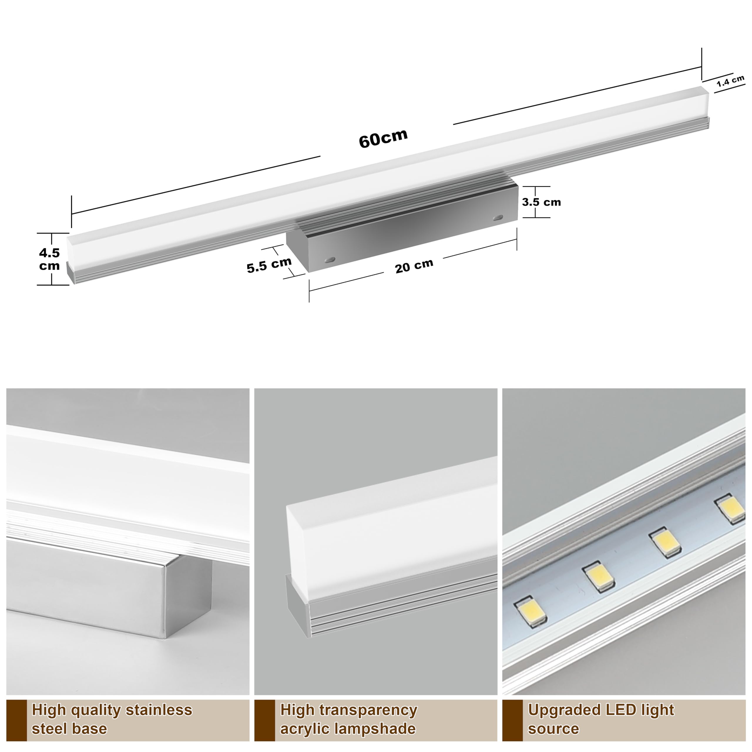 Luce Specchio Bagno Led, 60CM Luce per Specchio Bagno IP44 Freddo 6000K Led del, 10W luminosa Lampada Armadio Illuminazione Impermeabile Argento