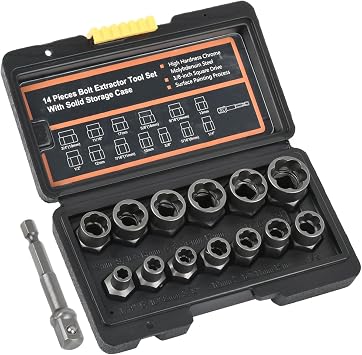 Impact Bolt Extractor Set, 14pcs Nut Remover Set with 1/4'' to 3/8'' Hex Bolt Remover, Nut Extractor Set, 1/4''-3/4'' Twist Socket Tool Set, for Removing Damaged, Frozen, Rusted, Nuts Screws