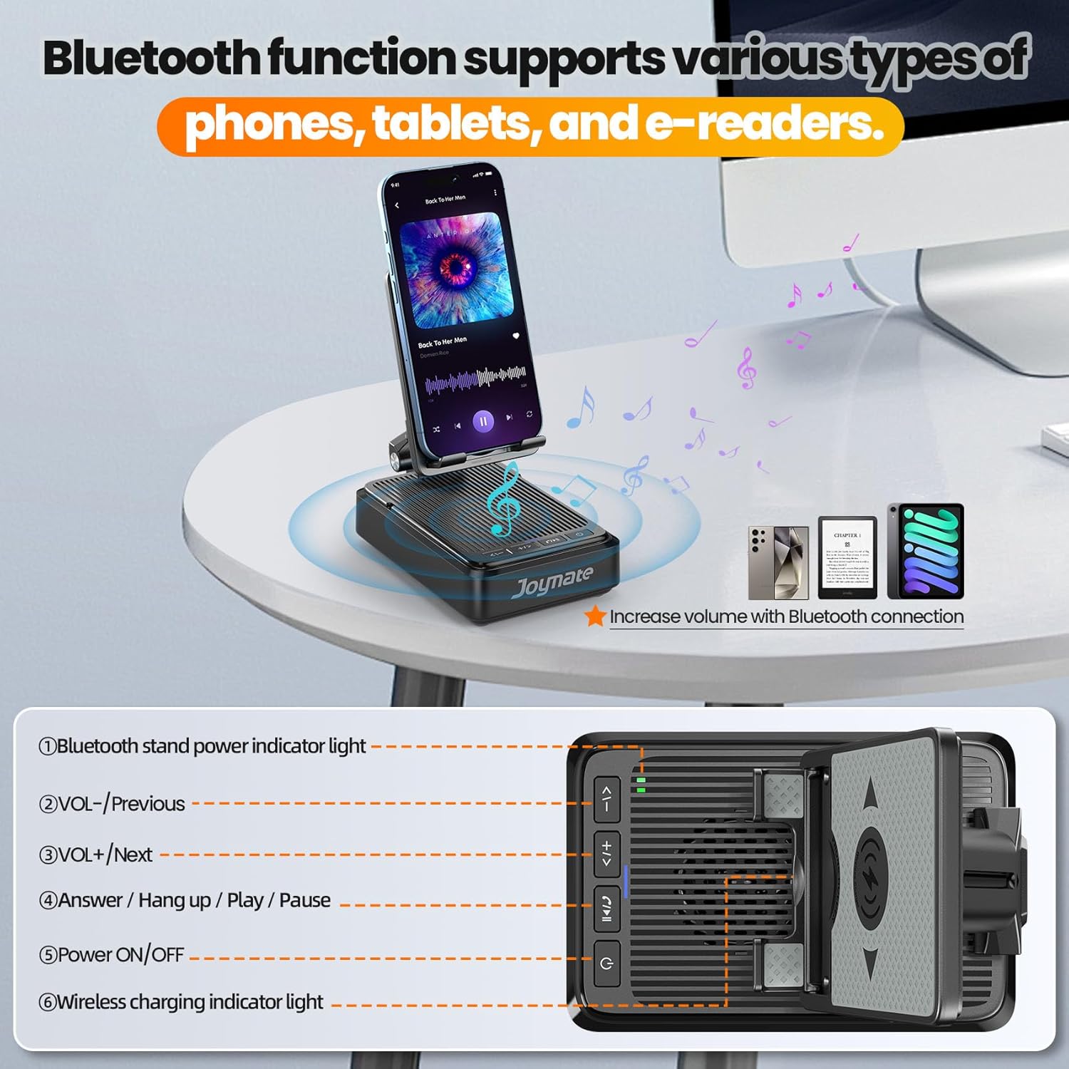 Gifts for Men and Women, Wireless Phone Charger Stand with Bluetooth Speaker and Adjustable Angle Phone Holder for Desk Tech Gift for Birthday/Valentines Day/Christmas(Black) - Image 7