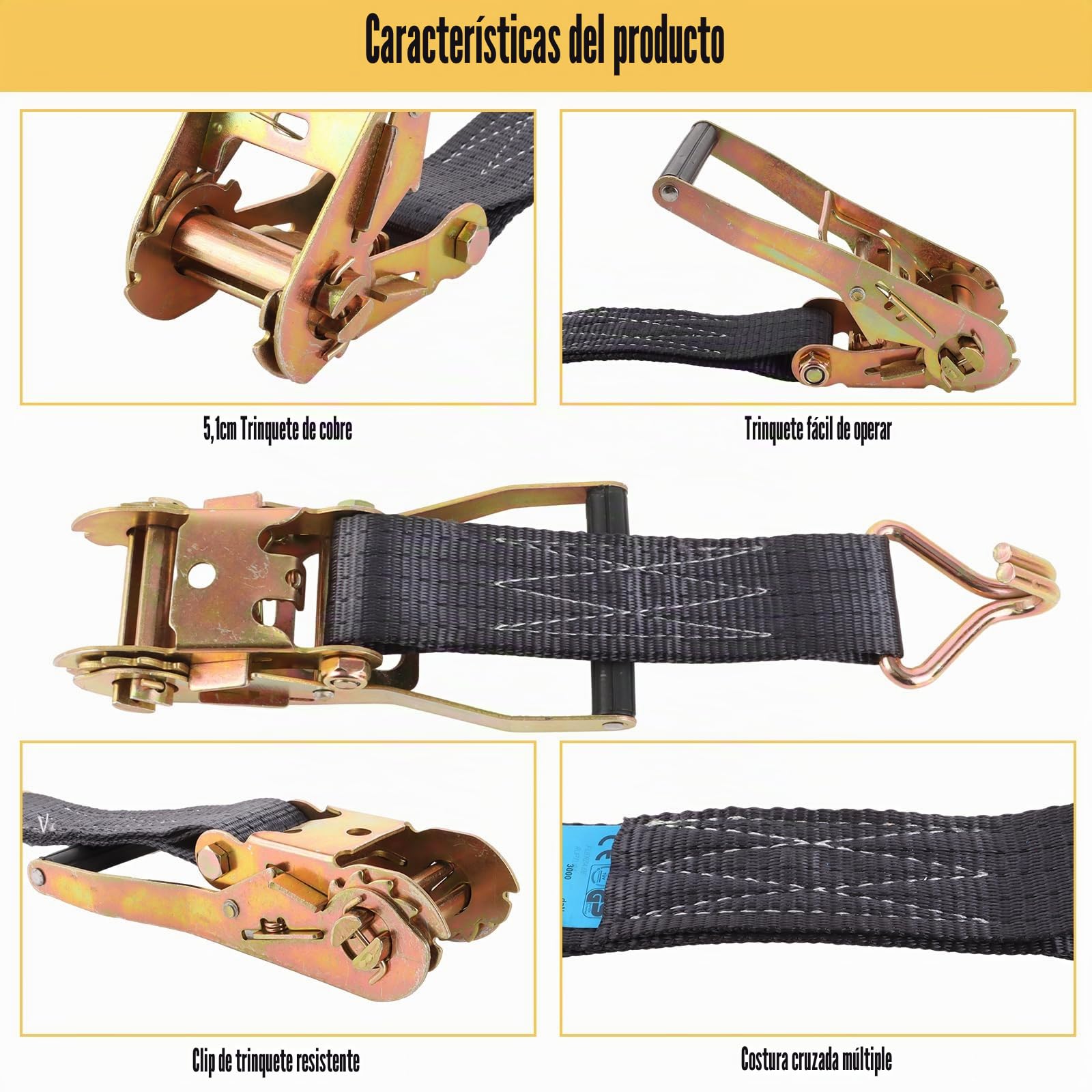 DAJAVE 2 piezas de correas tensoras con trinquete y gancho de 6M, juego de trinquete con resistencia a la rotura de 3000kg y 50mm, correa de trinquete de 2 piezas, correas tensoras con gancho para