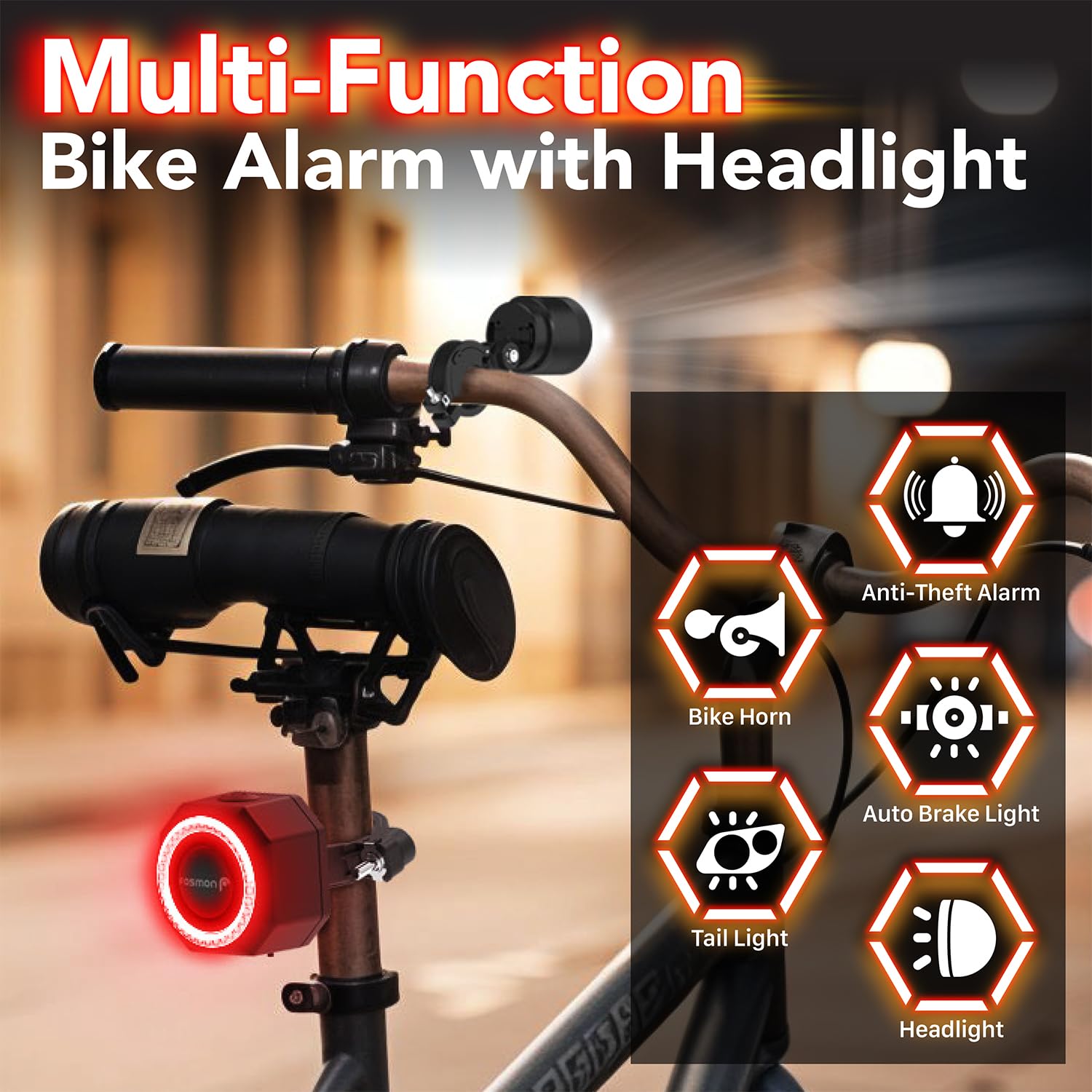 Fosmon - Allarme e Luci Anteriori/Posteriori per Bicicletta e Monopattino con Telecomando Allarme antifurto da 110 dB - Luci anteriori e posteriori per bici elettriche, moto e monopattini elettrici