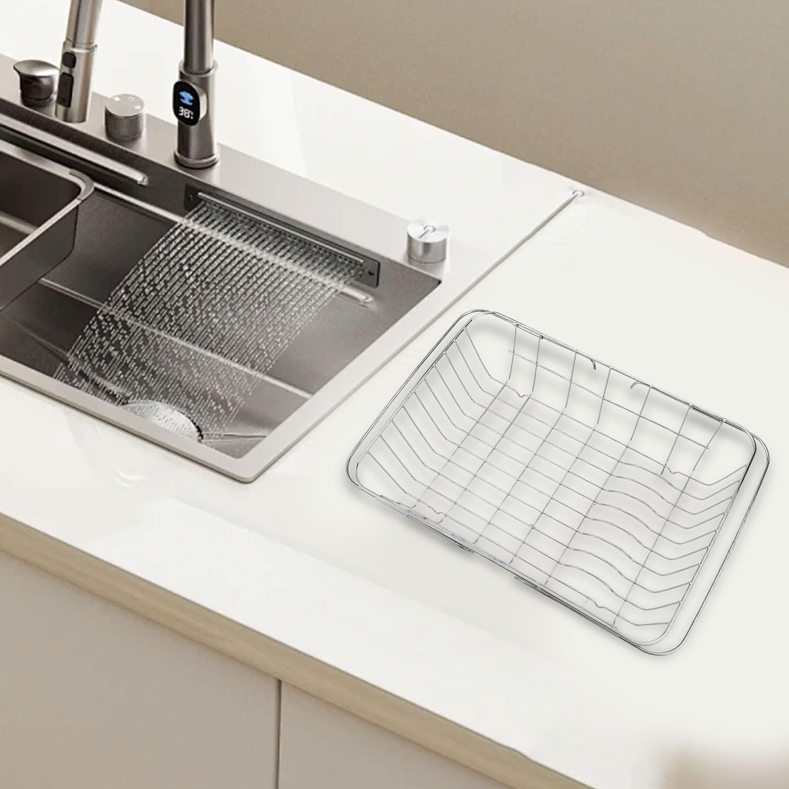 Escurridor de fregadero de cocina, diseño ajustable de acero inoxidable con patas de goma antideslizantes, organizador de secado de platos que ahorra espacio