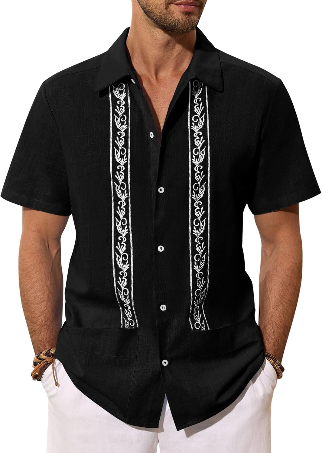 Mens Cuban Guayabera Shirts Cotton Linen Short Sleeve Shirt Casual Hippie Beach Button Down Pocket Shirt