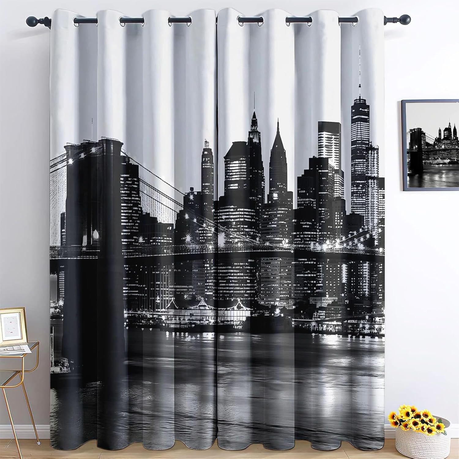 Lot de 2 Rideau New York Rideaux Occultants 110x215 cm Noir Imprimé 3D Draperies Ntérieurs Rideaux de Fenetre Isolant Thermique Décoration Rideaux pour Chambre Salon a.1255