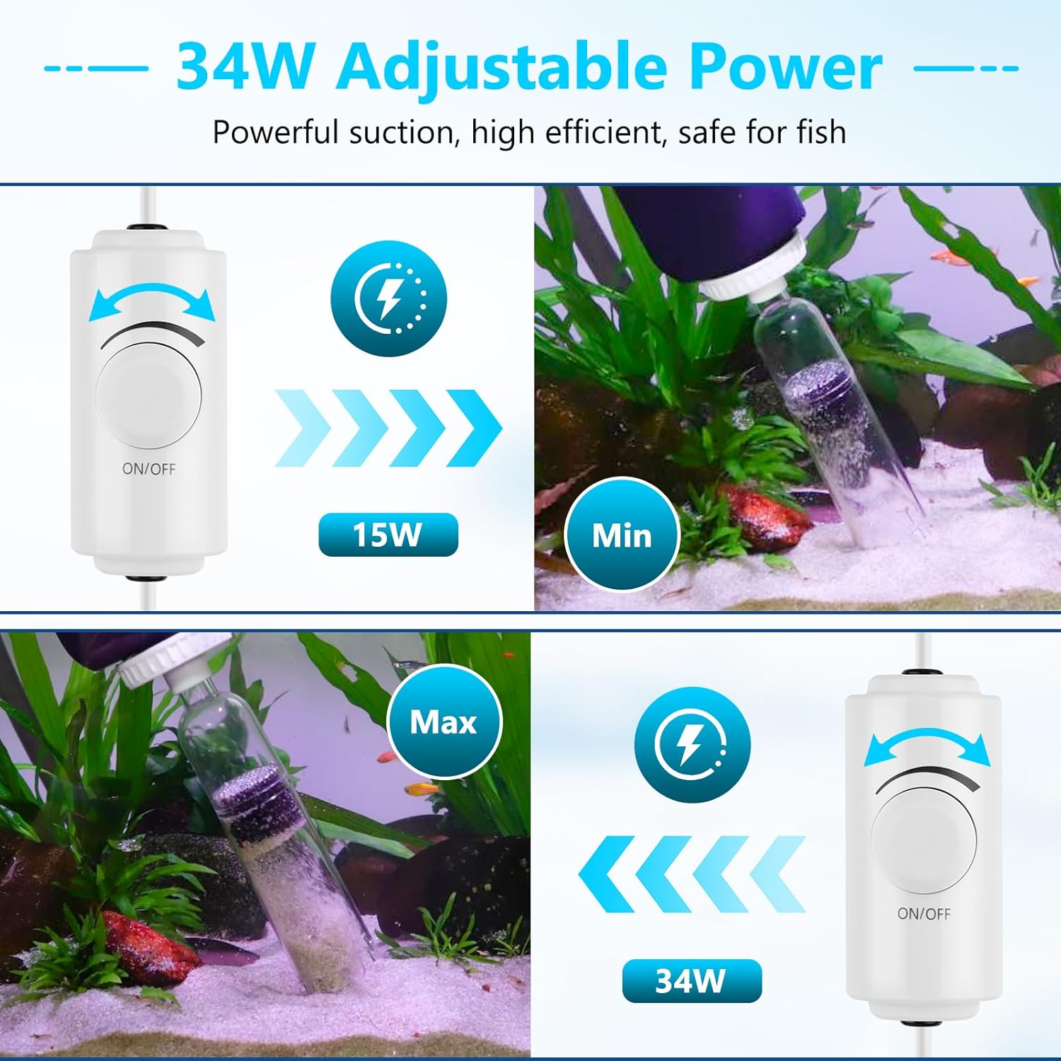AQQA DC Fish Tank Cleaner, Electric Aquarium Water Changer with 6-in-1 Cleaning Heads & 3-Stage Filter Cup – Stainless Steel Handle Gravel Vacuum for Fish & Turtle Tanks, Adjustable Flow 34W 600GPH