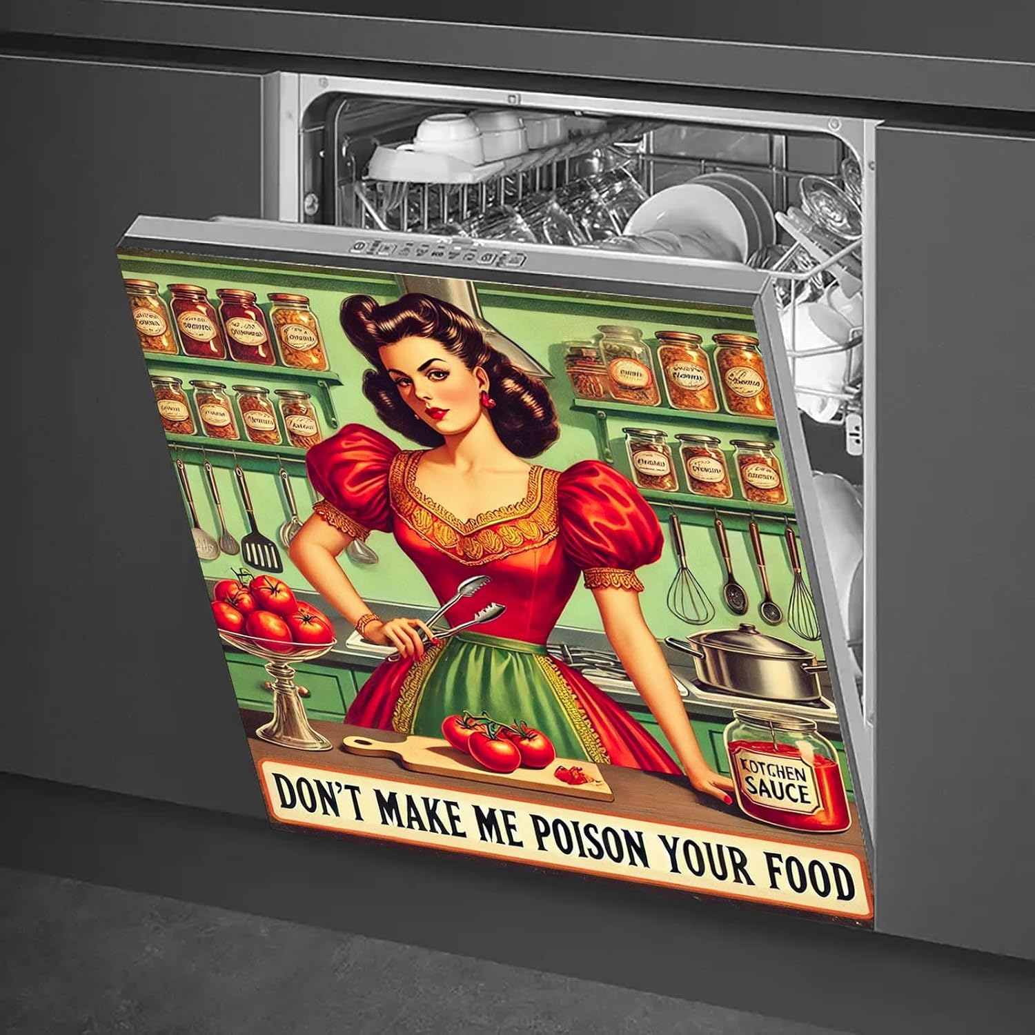 Dishwasher Magnet Cover 23x26 Inch Retro Kitchen Lady Magnetic Dishwasher Cover Magnetic Appliance Cover Home Refrigerator Magnetic Sticker Famhouse Style Kitchen Art Decor