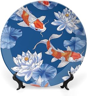 7inch Bone China Decorative Plate with Display Flower And Fish Printed Ceramic Decor Plate Dinner Plates Crafts Decorative Plates for Home Hanging Decoration