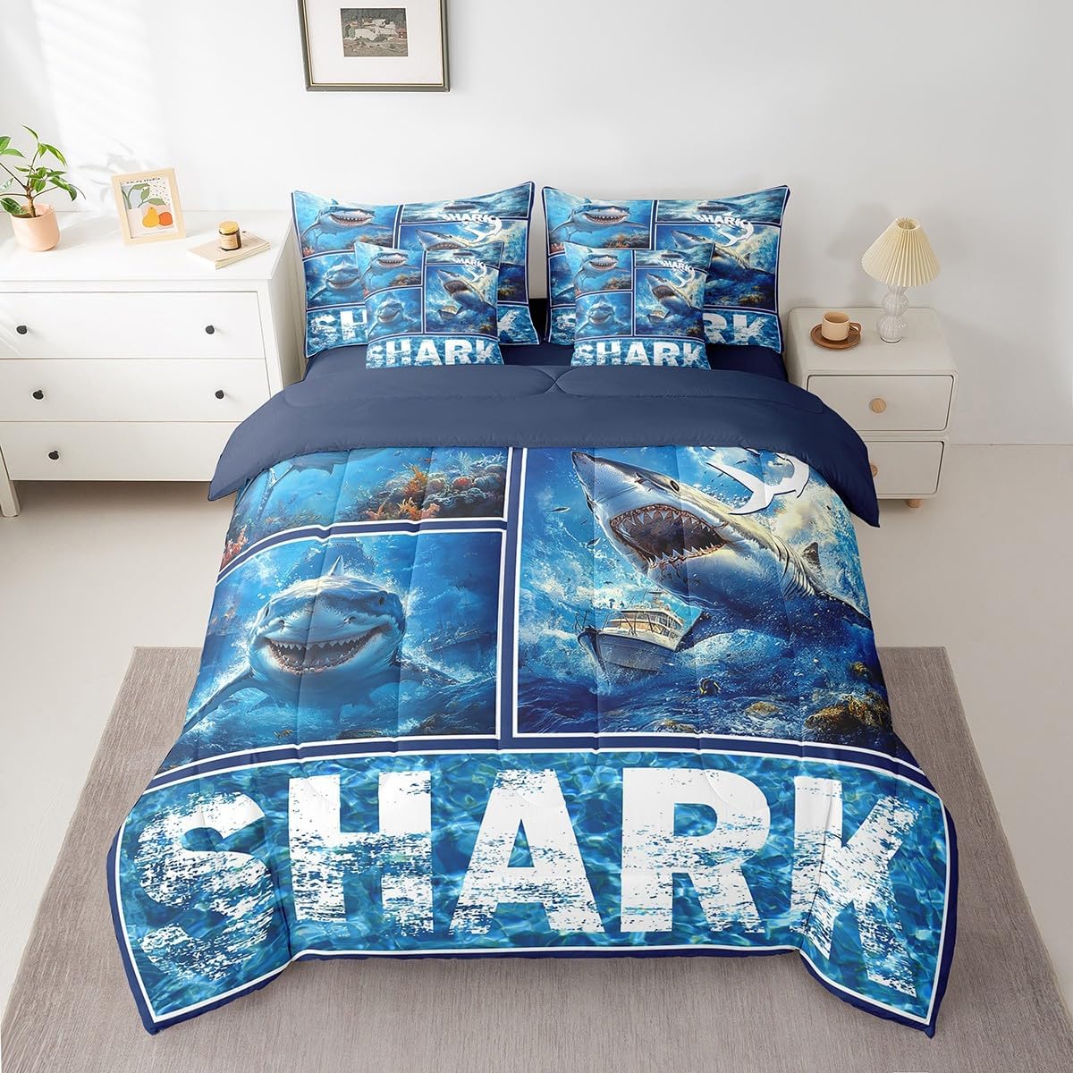 Erosebridal Hunting Bedding Sets Twin,Kids 3D Shark Comforter Set,Shark Hunting Animals(Comforter+Fitted+Flat Sheet+2 Pillowcases+2 Throw Pillow Covers) 7 Pieces Bed Set,Ocean Adventure Pillow Covers