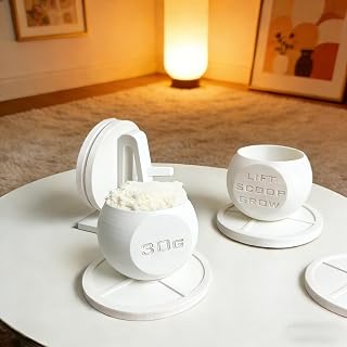 Kettlebell protein scoop (30g), barbell plate coaster, barbell rack – stylish and convenient, suitable for protein powder and nutritional supplements (3-piece set) (White)