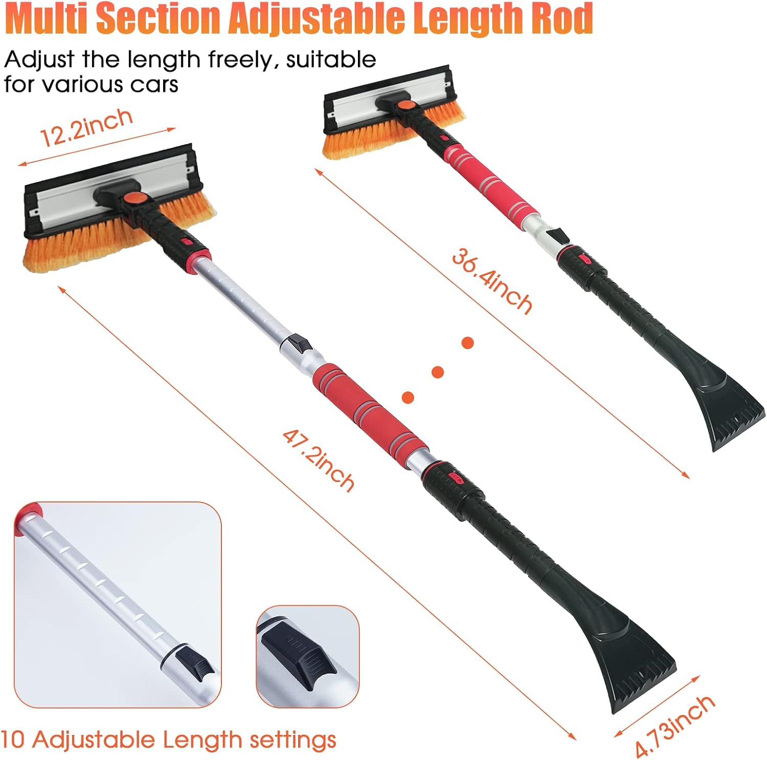 FOVAL 47.2" Extendable Ice Scraper Snow Brush with Squeegee for Windshield Window Car Trucks SUVs, 270° Pivoting Brush Head, Essential Winter Tool Ice Snow Remover with Comfortable Foam Grip