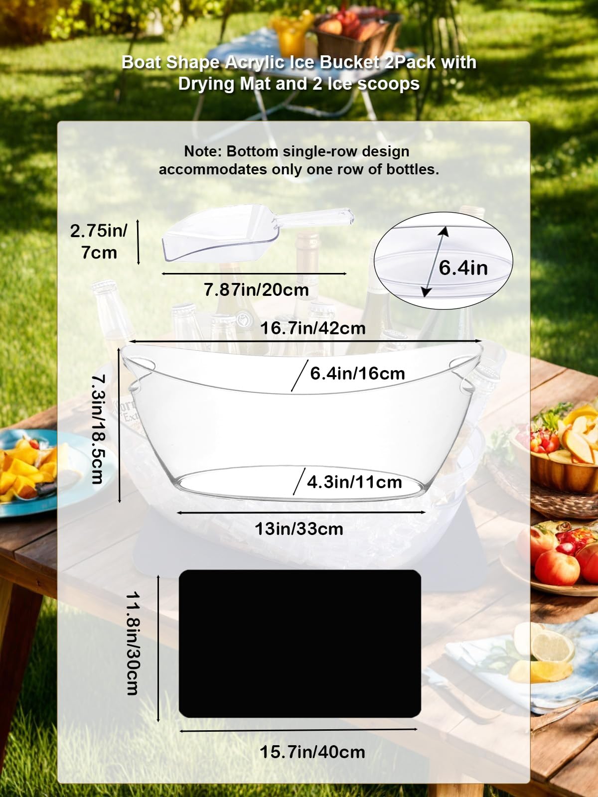 Cubo de hielo pequeño de 5.5 L, 16.7 x 6.4 x 7.3 pulgadas, 2 unidades con alfombrilla de secado y cucharas para fiestas, suministros de barra de mimosa, tinas de bebidas para vino espumoso 2