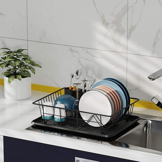 Dish Drainer Black, Dish Drainer Frame For Crockery, With Cutlery Holder And Plastic Drip Tray For Placement