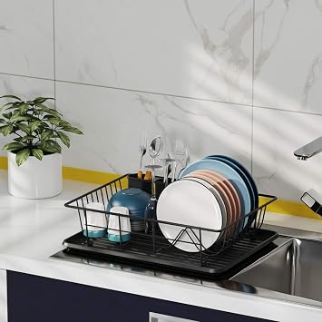Dish Drainer Black, Dish Drainer Frame For Crockery, With Cutlery Holder And Plastic Drip Tray For Placement