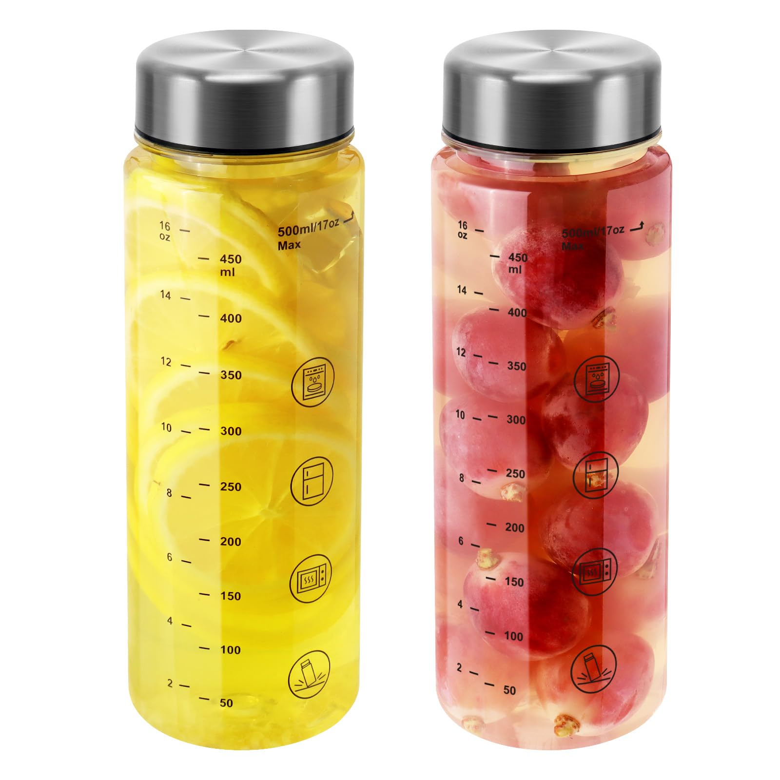 BuildLife Plastic Water Bottle with Stainlesss Steel Lid, 500ML Reusable Tritan Drinking Bottles BPA-Free Leak Proof Beverage Juice Container for School Office Sports (2pcs 500ml)